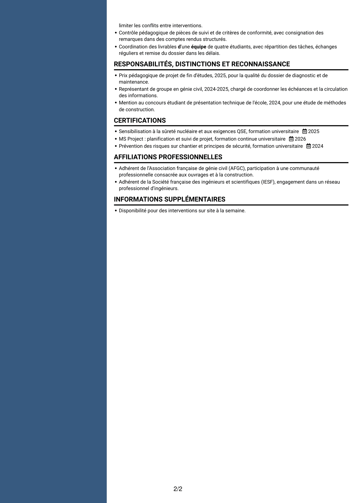 CV Élégant (format à colonne latérale colorée avec photo) : Ingénieur débutant en génie civil - Maintenance nucléaire, page 2