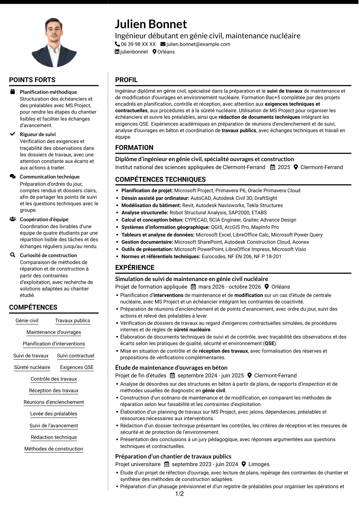 CV Moderne (format à deux colonnes avec photo à gauche et séparateur) : Ingénieur débutant en génie civil - Maintenance nucléaire, page 1