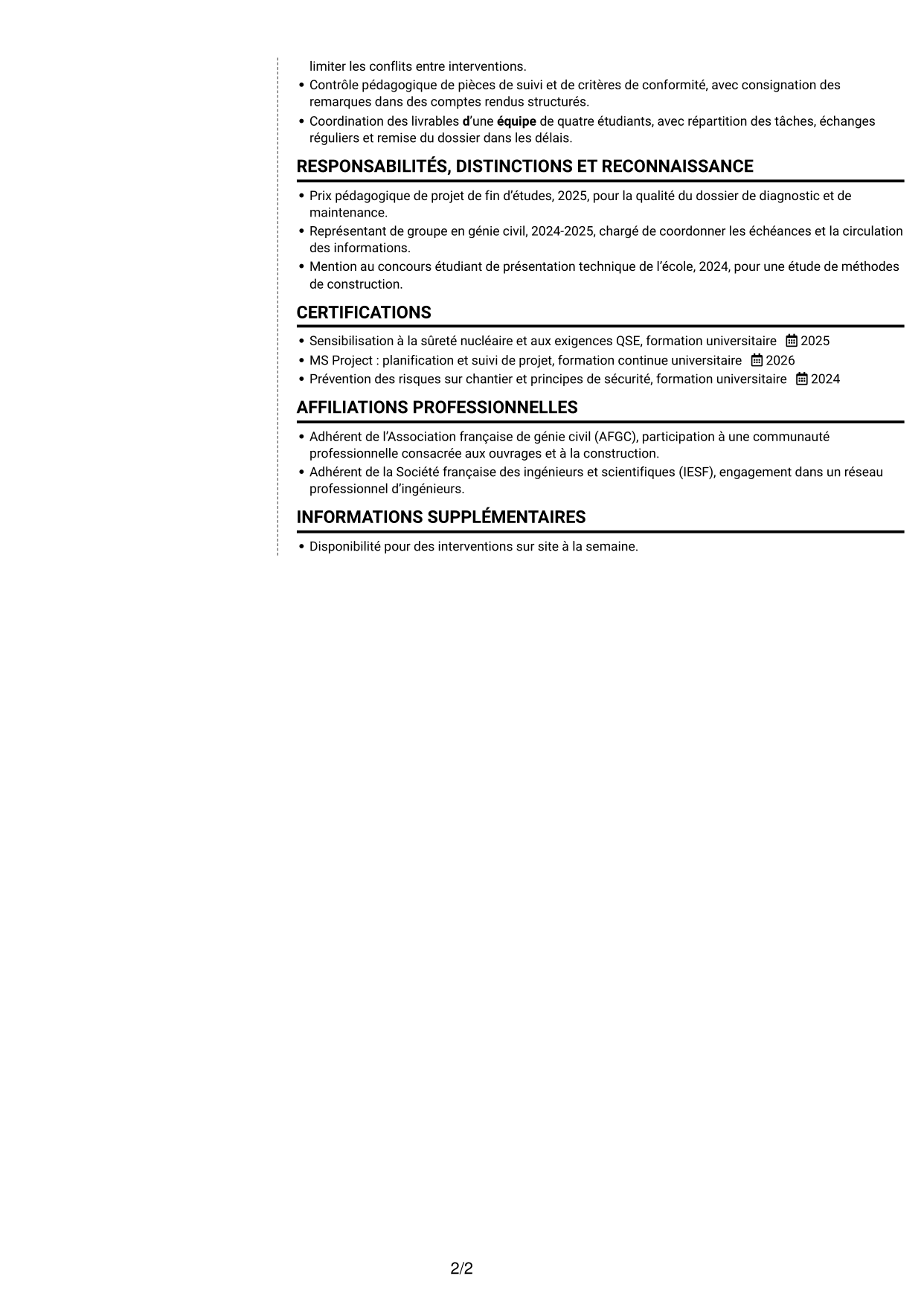 CV Moderne (format à deux colonnes avec photo à gauche et séparateur) : Ingénieur débutant en génie civil - Maintenance nucléaire, page 2