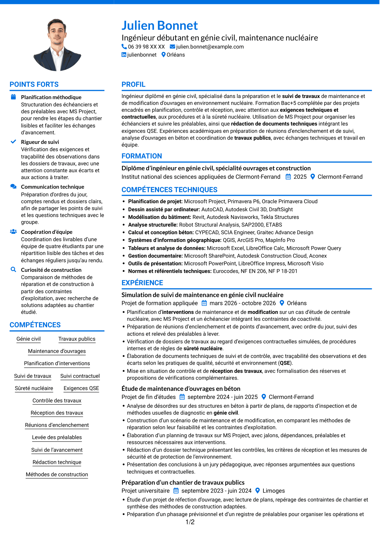 CV Audacieux (format à deux colonnes avec accents colorés et photo) : Ingénieur débutant en génie civil - Maintenance nucléaire, page 1