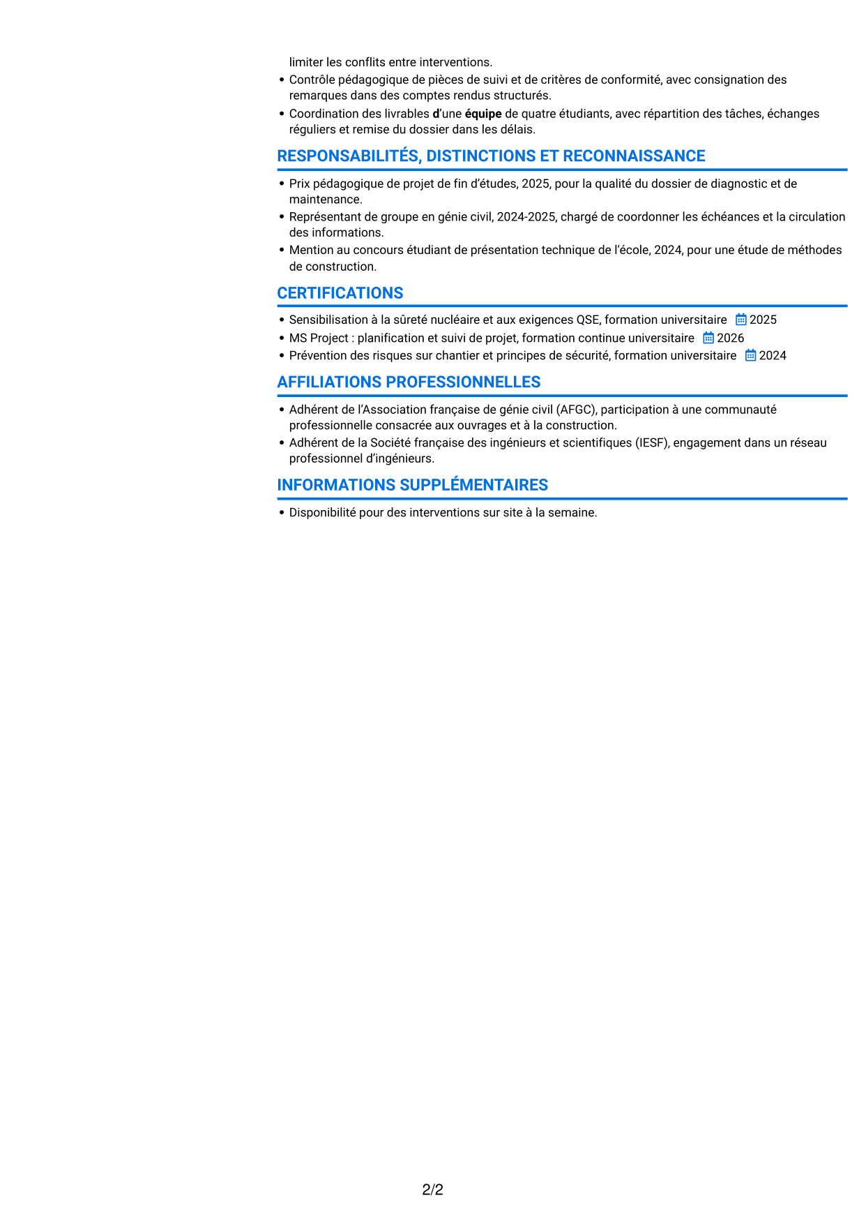 CV Audacieux (format à deux colonnes avec accents colorés et photo) : Ingénieur débutant en génie civil - Maintenance nucléaire, page 2