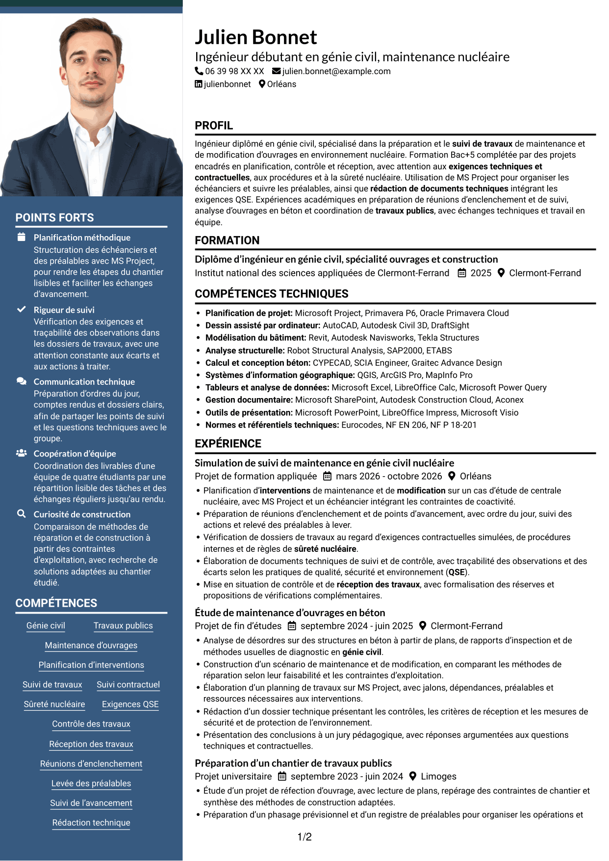 CV Signature (format à colonne latérale colorée avec grande photo) : Ingénieur débutant en génie civil - Maintenance nucléaire, page 1