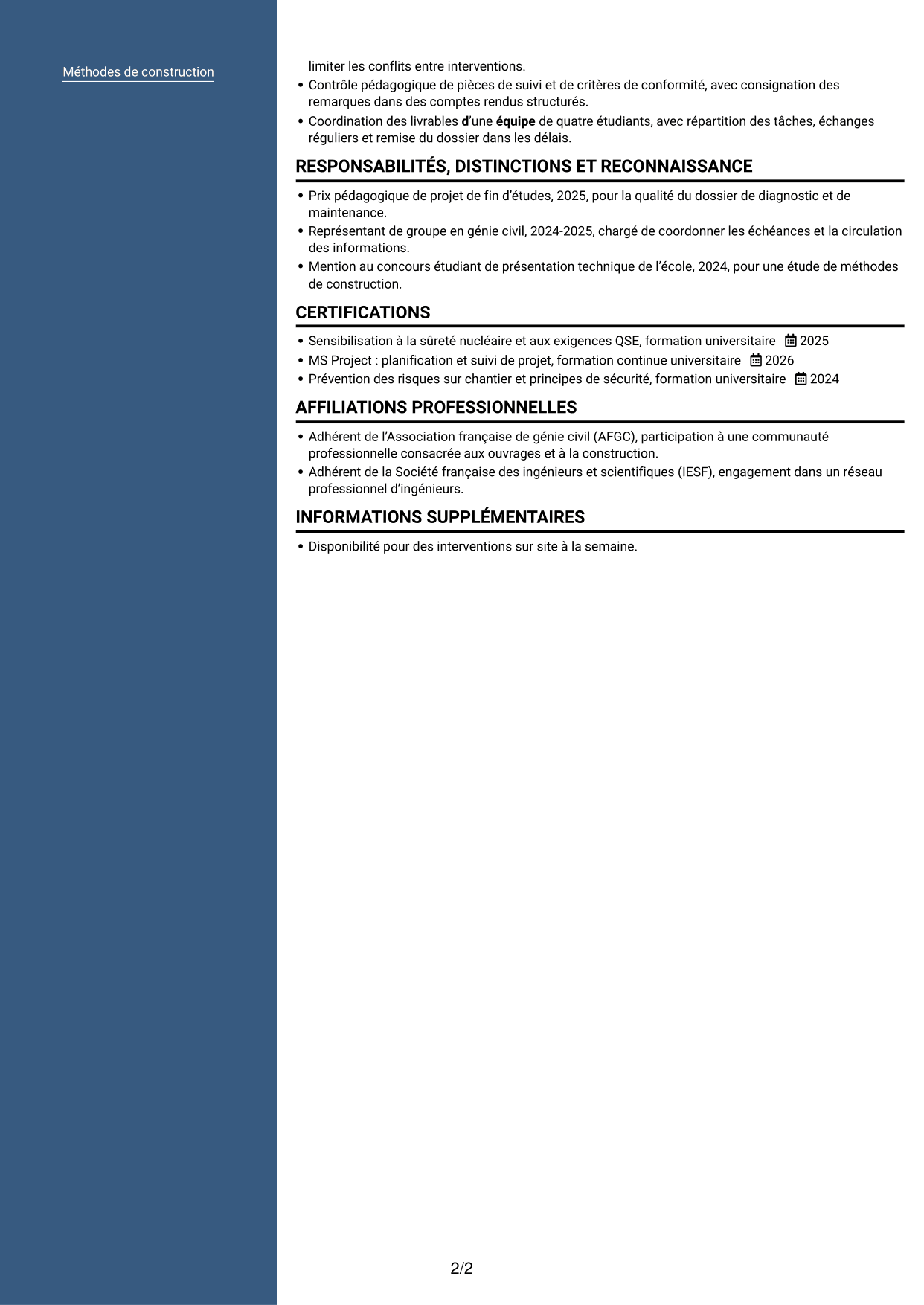 CV Signature (format à colonne latérale colorée avec grande photo) : Ingénieur débutant en génie civil - Maintenance nucléaire, page 2