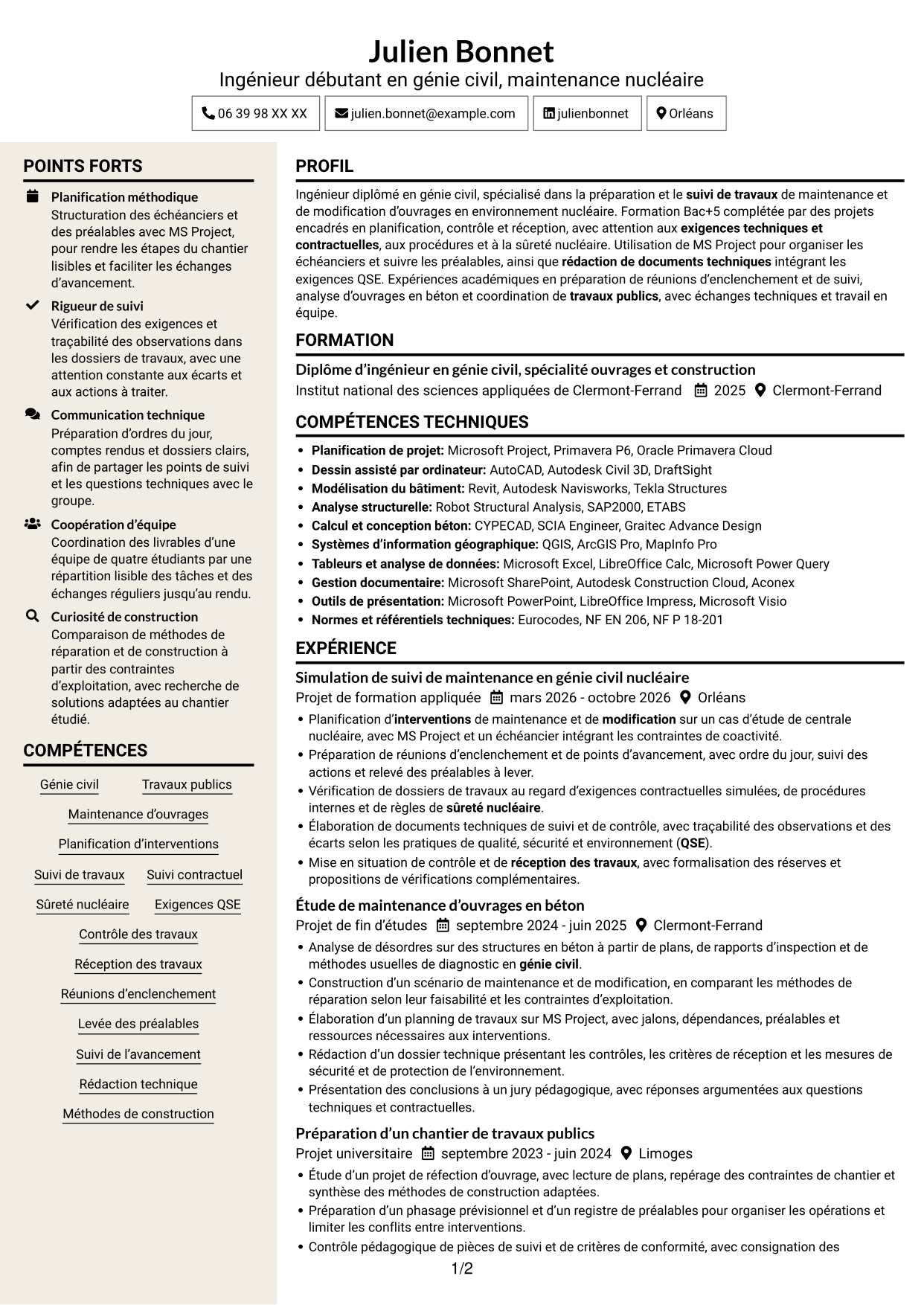 CV Fonceur (format à deux colonnes avec en-tête centré sans photo) : Ingénieur débutant en génie civil - Maintenance nucléaire, page 1