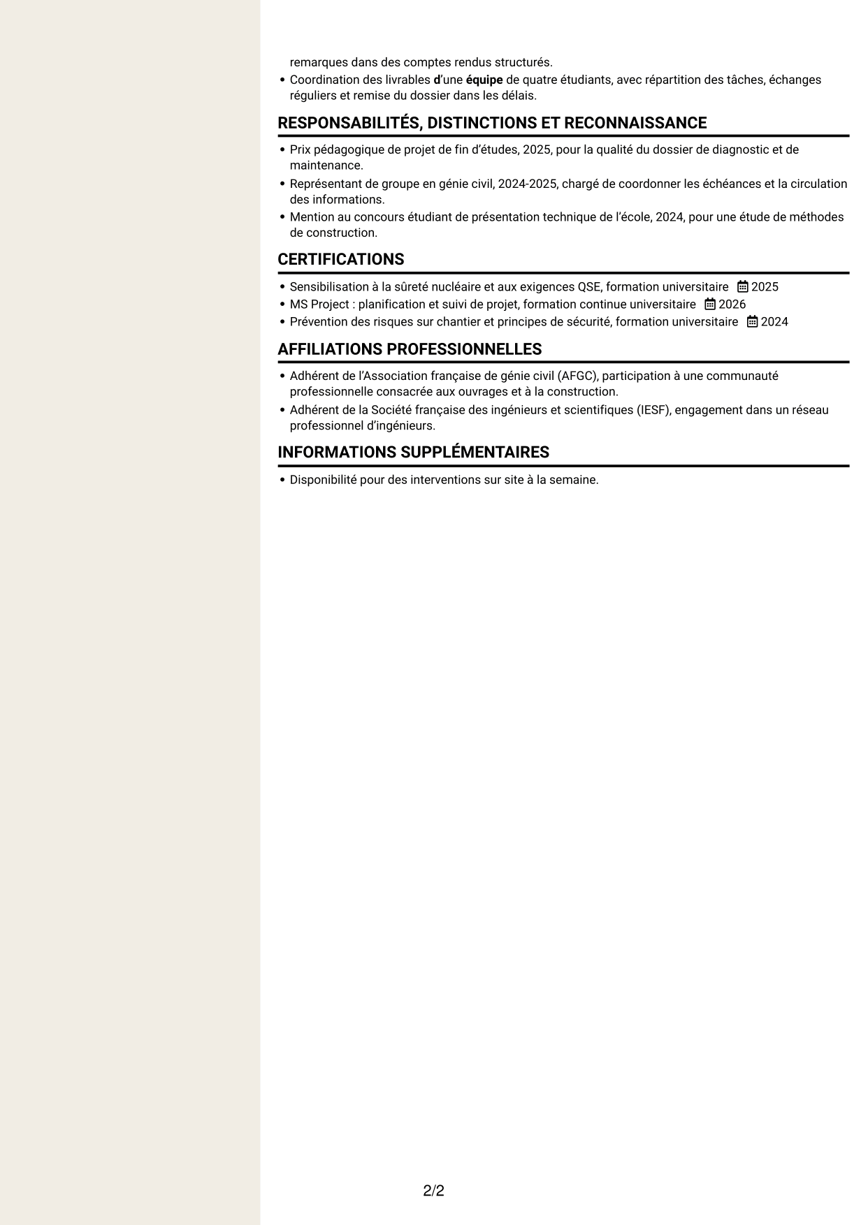 CV Fonceur (format à deux colonnes avec en-tête centré sans photo) : Ingénieur débutant en génie civil - Maintenance nucléaire, page 2