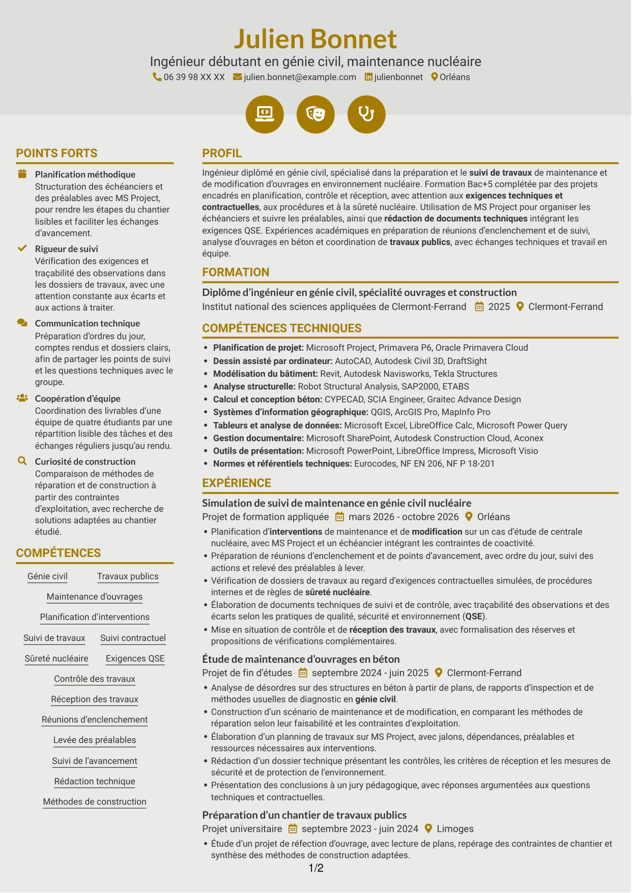 CV Dynamique (format à deux colonnes avec icônes) : Ingénieur débutant en génie civil - Maintenance nucléaire, page 1
