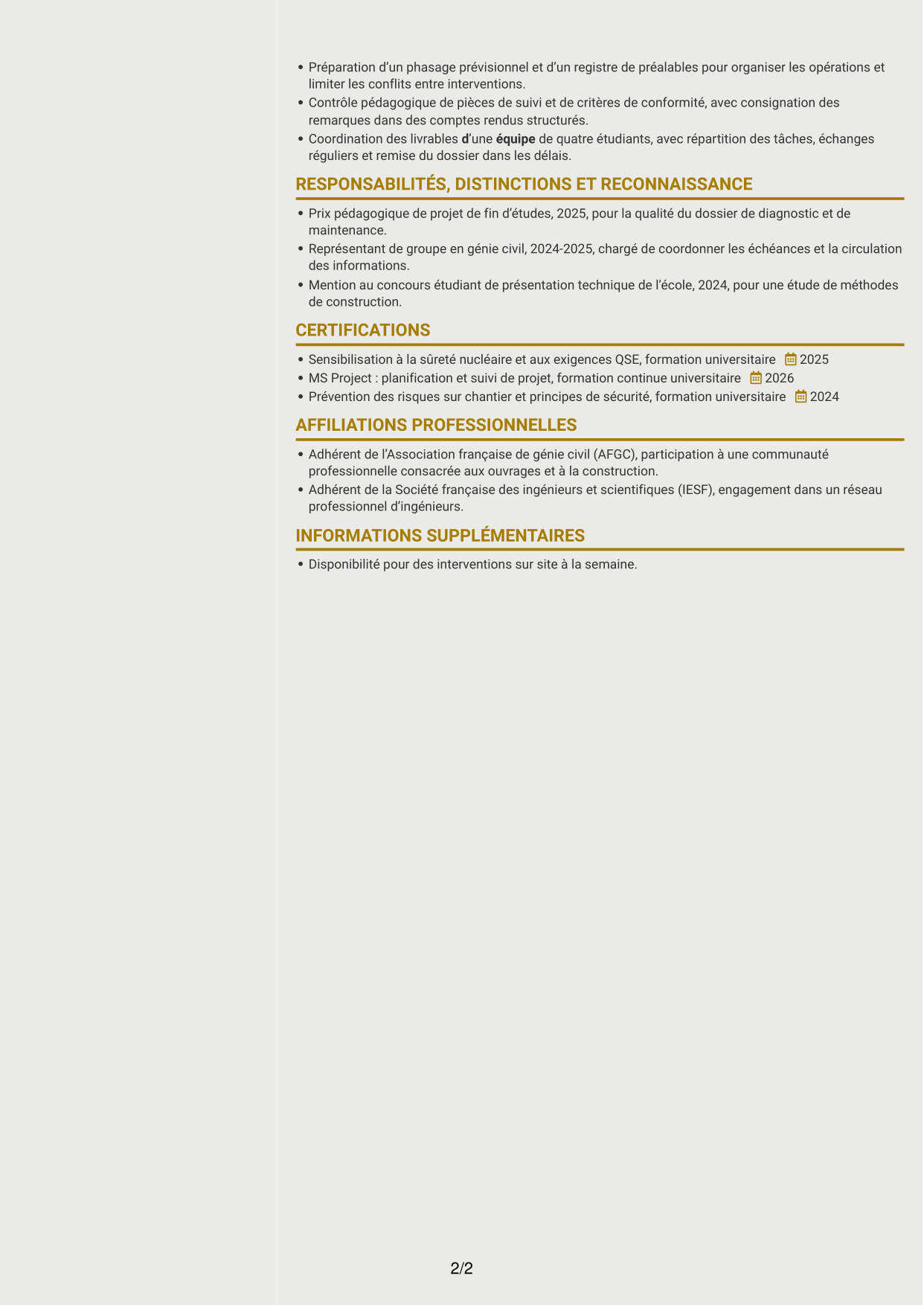 CV Dynamique (format à deux colonnes avec icônes) : Ingénieur débutant en génie civil - Maintenance nucléaire, page 2