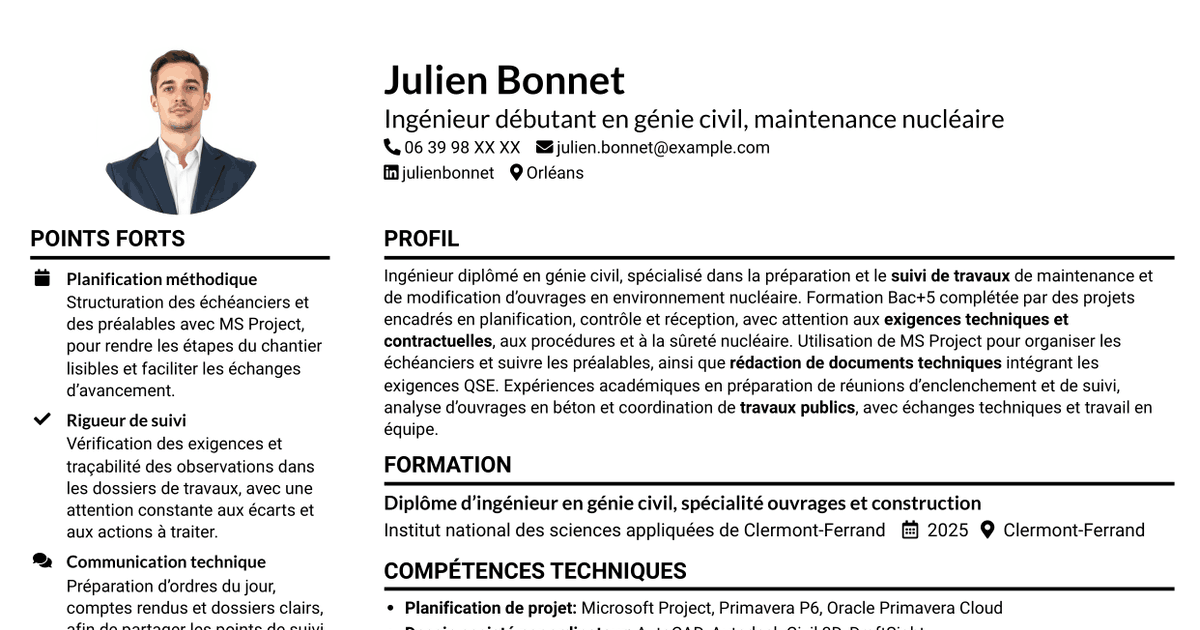 7 modèles de CV pour Ingénieur débutant en génie civil - Maintenance nucléaire, avec exemples