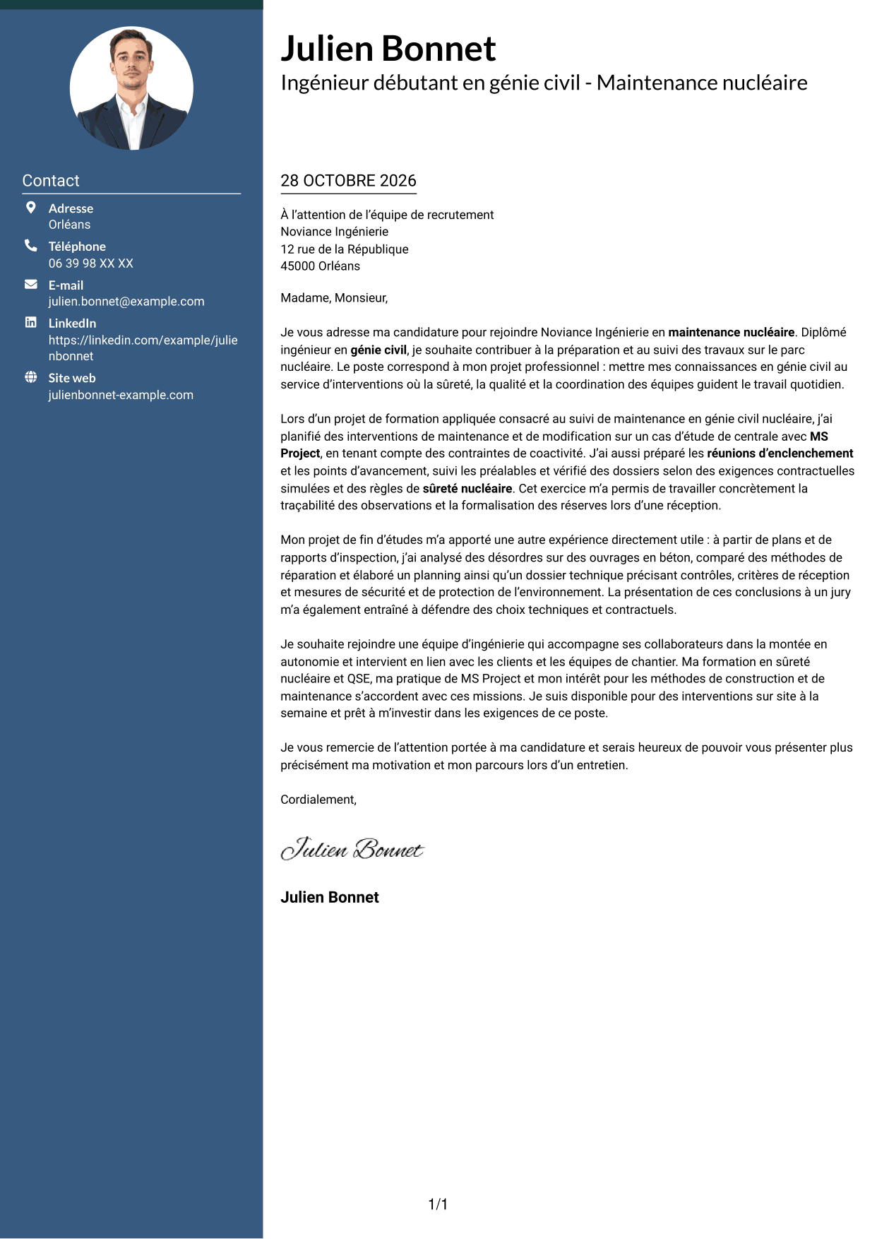 Lettre de motivation Élégant (format à colonne latérale colorée avec photo) : Ingénieur débutant en génie civil - Maintenance nucléaire, page 1