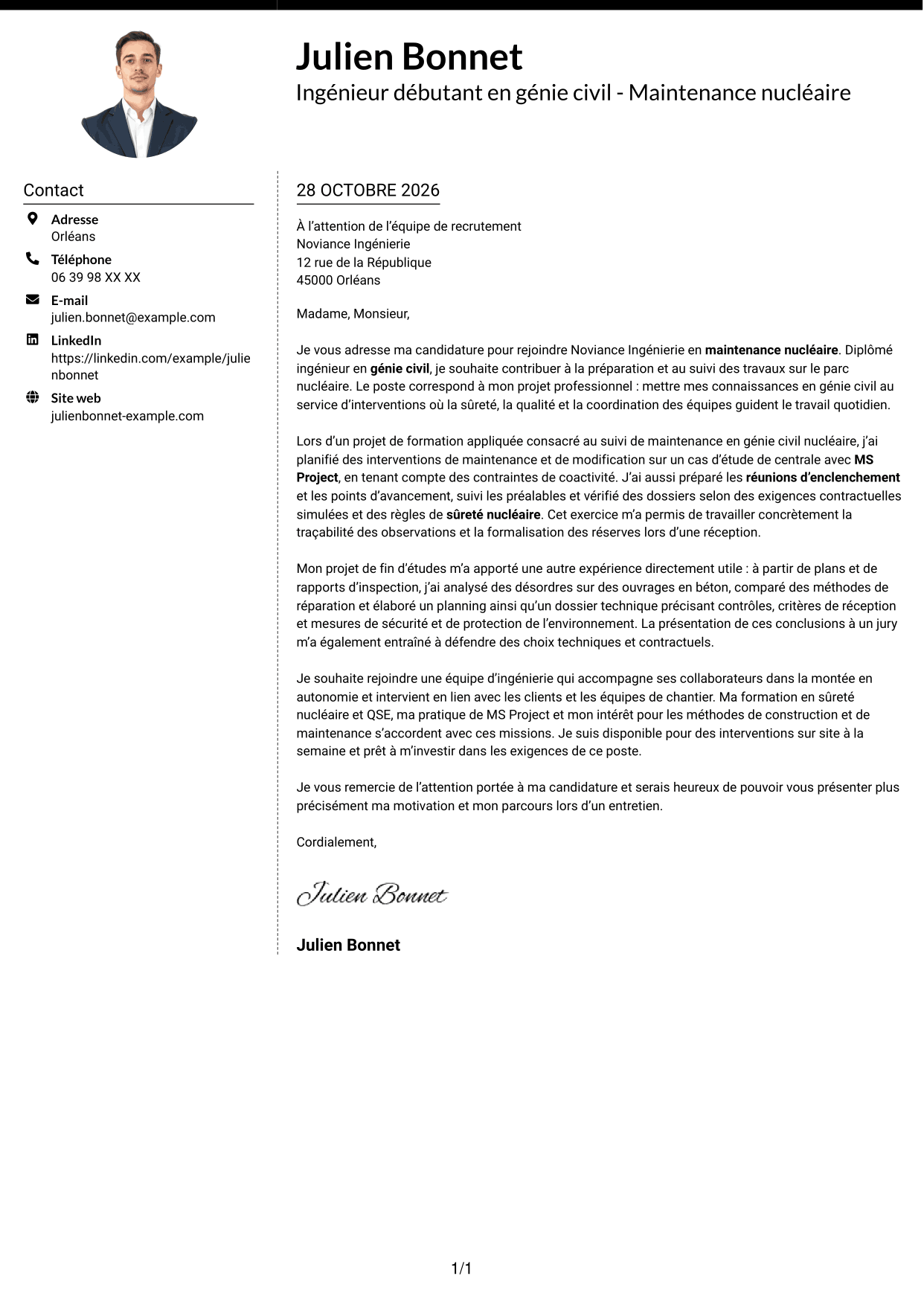 Lettre de motivation Moderne (format à deux colonnes avec photo à gauche et séparateur) : Ingénieur débutant en génie civil - Maintenance nucléaire, page 1
