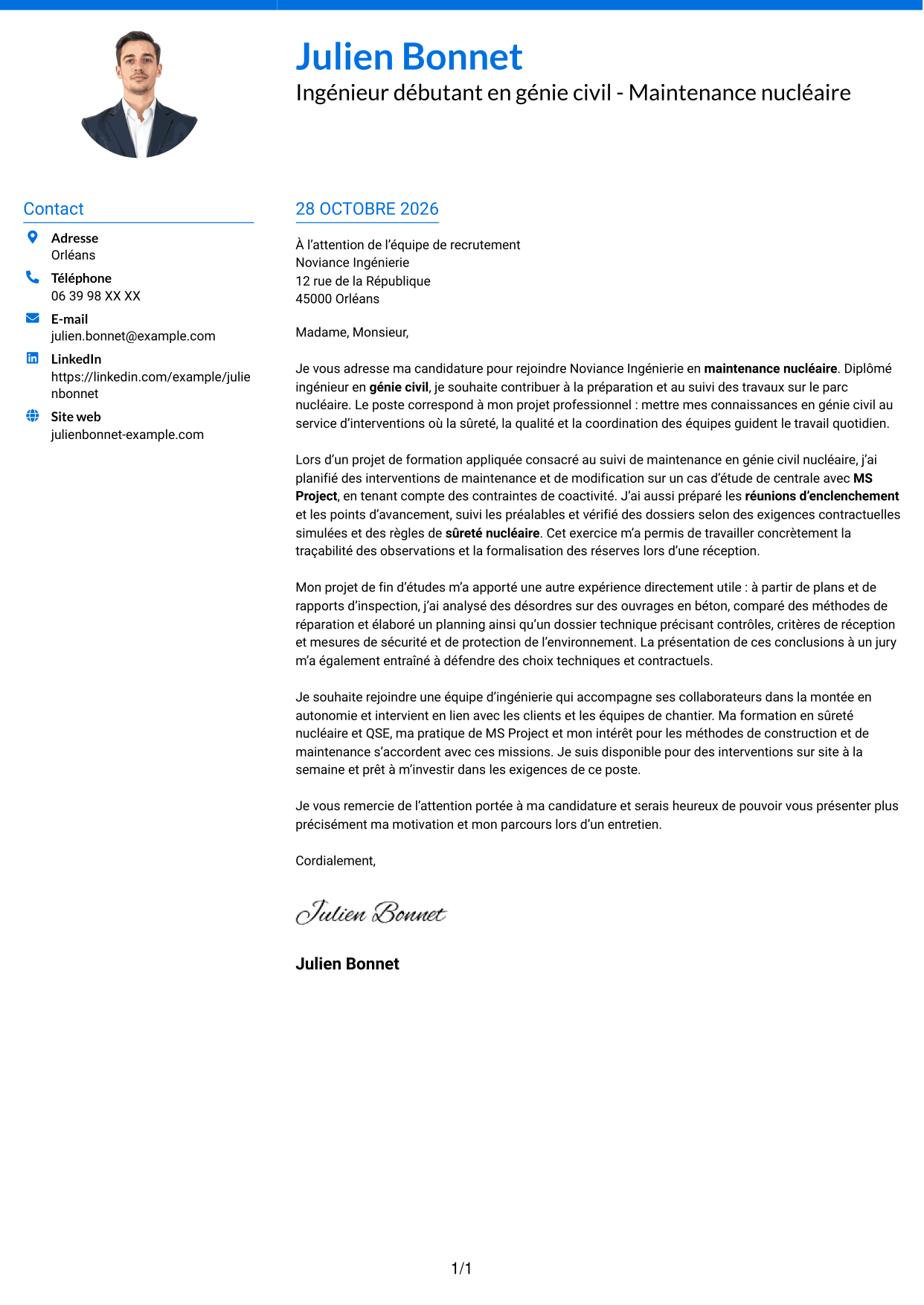 Lettre de motivation Audacieux (format à deux colonnes avec accents colorés et photo) : Ingénieur débutant en génie civil - Maintenance nucléaire, page 1