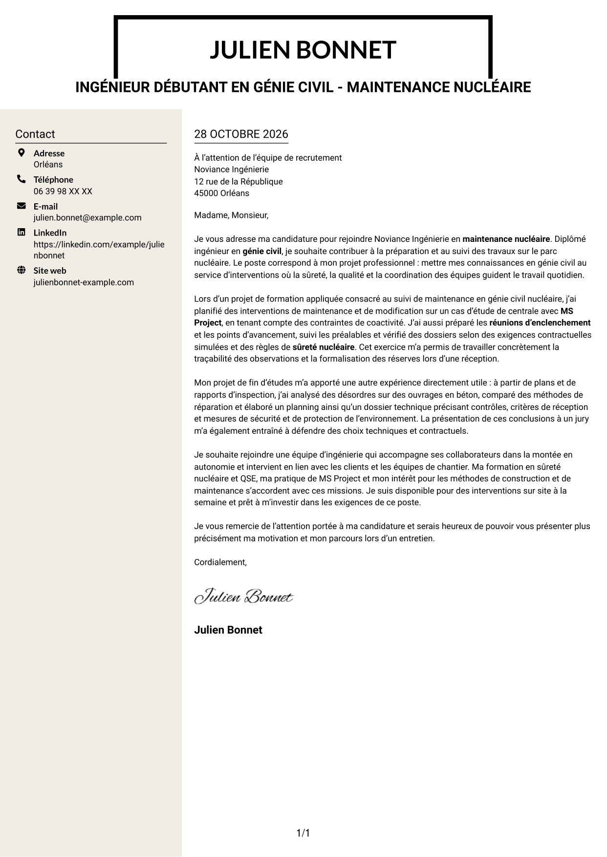 Lettre de motivation Fonceur (format à deux colonnes avec en-tête centré sans photo) : Ingénieur débutant en génie civil - Maintenance nucléaire, page 1