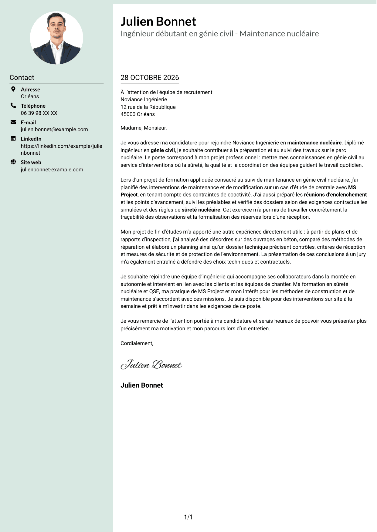 Lettre de motivation Cadre (format à colonne latérale douce avec photo arrondie) : Ingénieur débutant en génie civil - Maintenance nucléaire, page 1