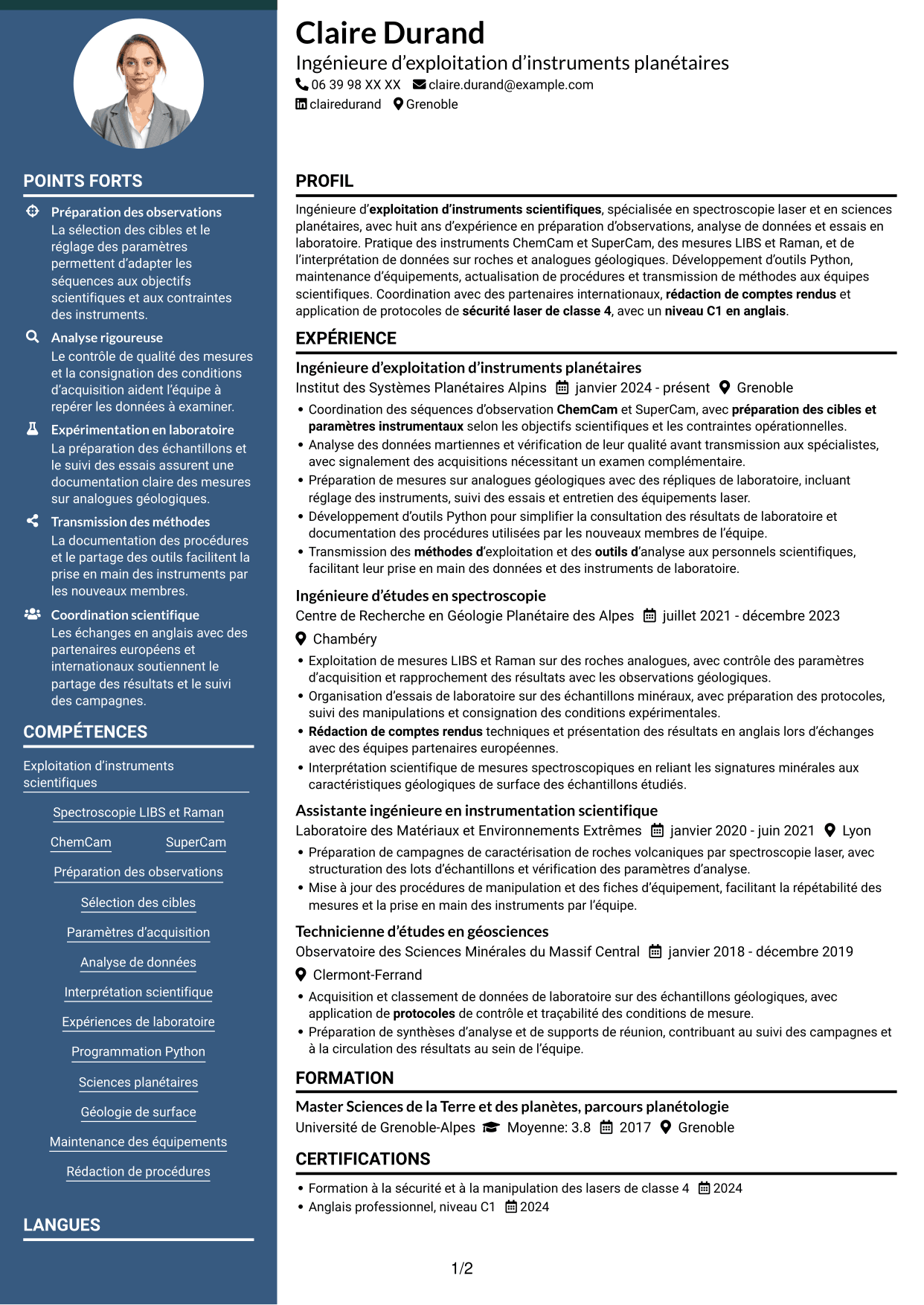 CV Élégant (format à colonne latérale colorée avec photo) : Ingénieur d’exploitation d’instrument - Opérations spectroscopiques martiennes, page 1