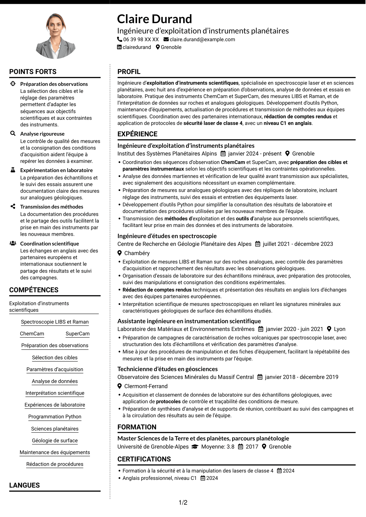 CV Moderne (format à deux colonnes avec photo à gauche et séparateur) : Ingénieur d’exploitation d’instrument - Opérations spectroscopiques martiennes, page 1