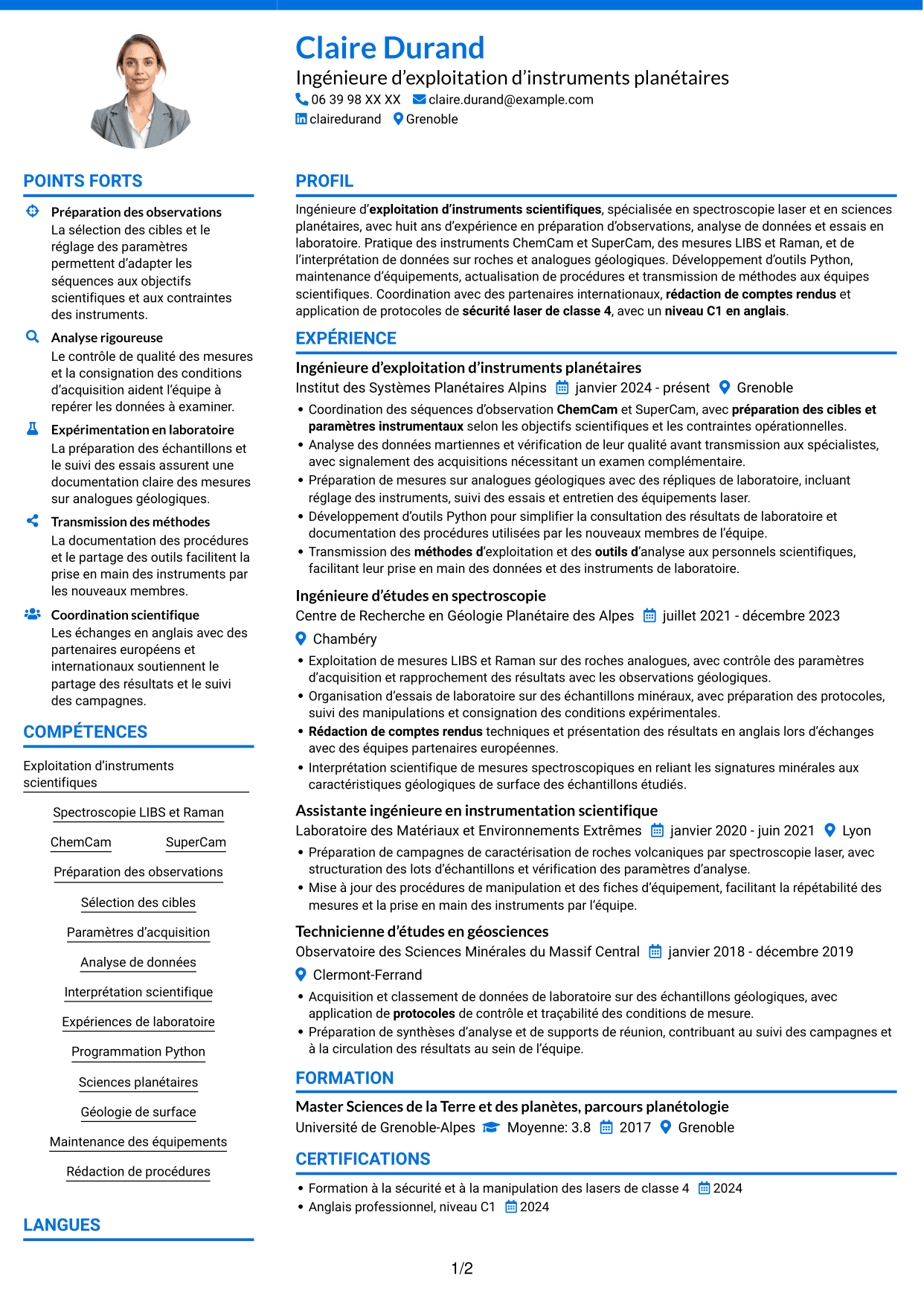 CV Audacieux (format à deux colonnes avec accents colorés et photo) : Ingénieur d’exploitation d’instrument - Opérations spectroscopiques martiennes, page 1