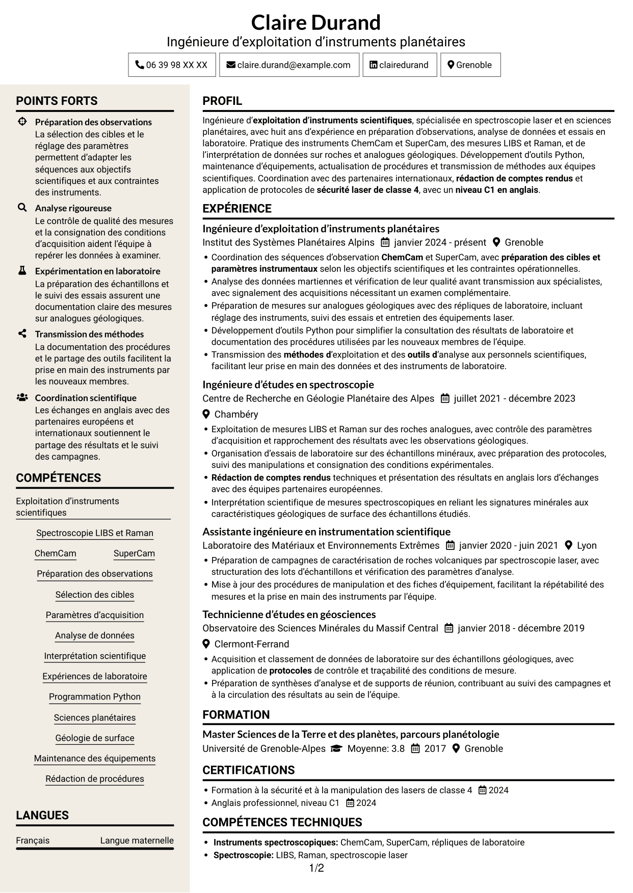 CV Fonceur (format à deux colonnes avec en-tête centré sans photo) : Ingénieur d’exploitation d’instrument - Opérations spectroscopiques martiennes, page 1