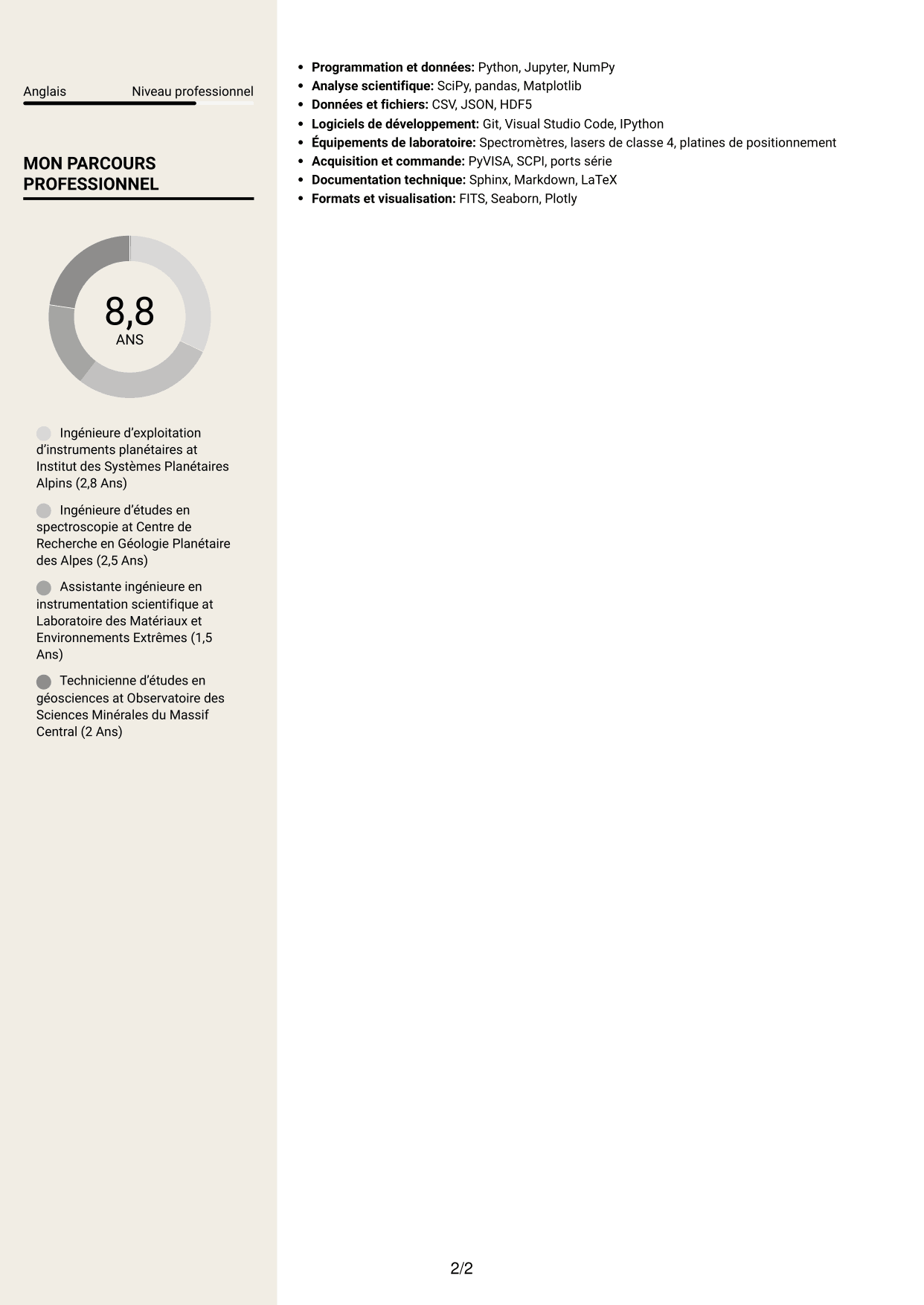 CV Fonceur (format à deux colonnes avec en-tête centré sans photo) : Ingénieur d’exploitation d’instrument - Opérations spectroscopiques martiennes, page 2