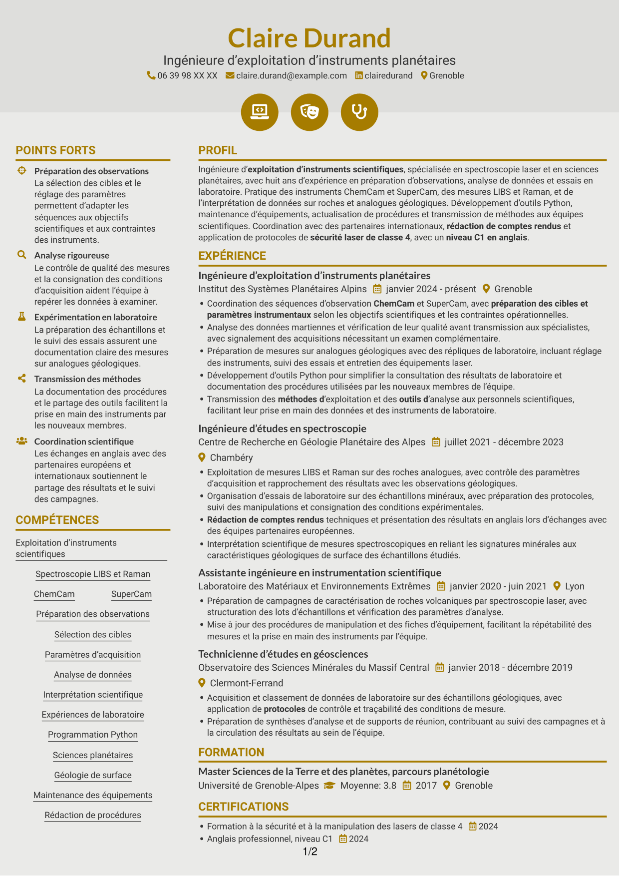 CV Dynamique (format à deux colonnes avec icônes) : Ingénieur d’exploitation d’instrument - Opérations spectroscopiques martiennes, page 1