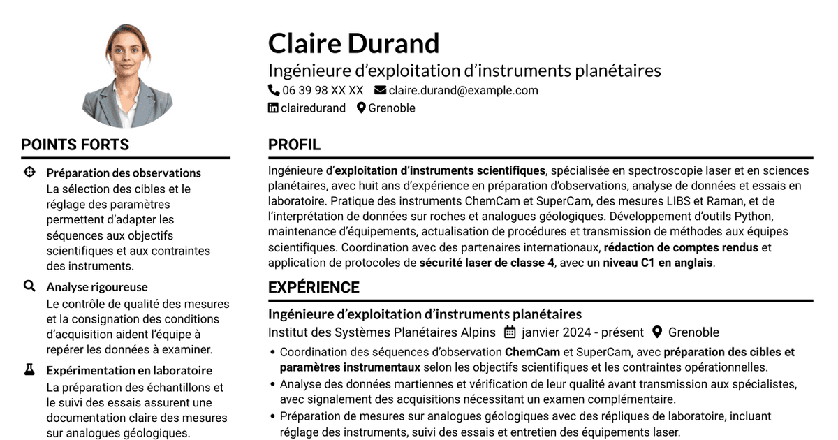 7 modèles de CV pour Ingénieur d’exploitation d’instrument - Opérations spectroscopiques martiennes, avec exemples