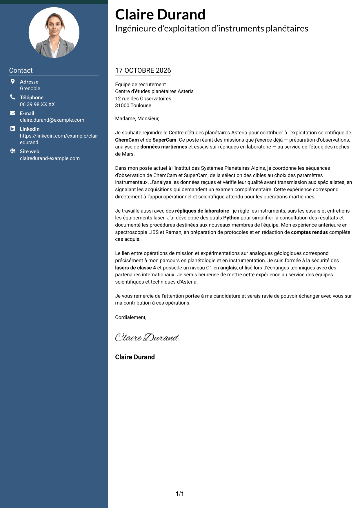Lettre de motivation Élégant (format à colonne latérale colorée avec photo) : Ingénieur d’exploitation d’instrument - Opérations spectroscopiques martiennes, page 1
