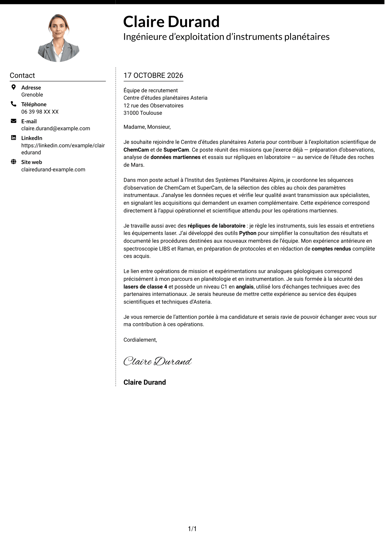 Lettre de motivation Moderne (format à deux colonnes avec photo à gauche et séparateur) : Ingénieur d’exploitation d’instrument - Opérations spectroscopiques martiennes, page 1