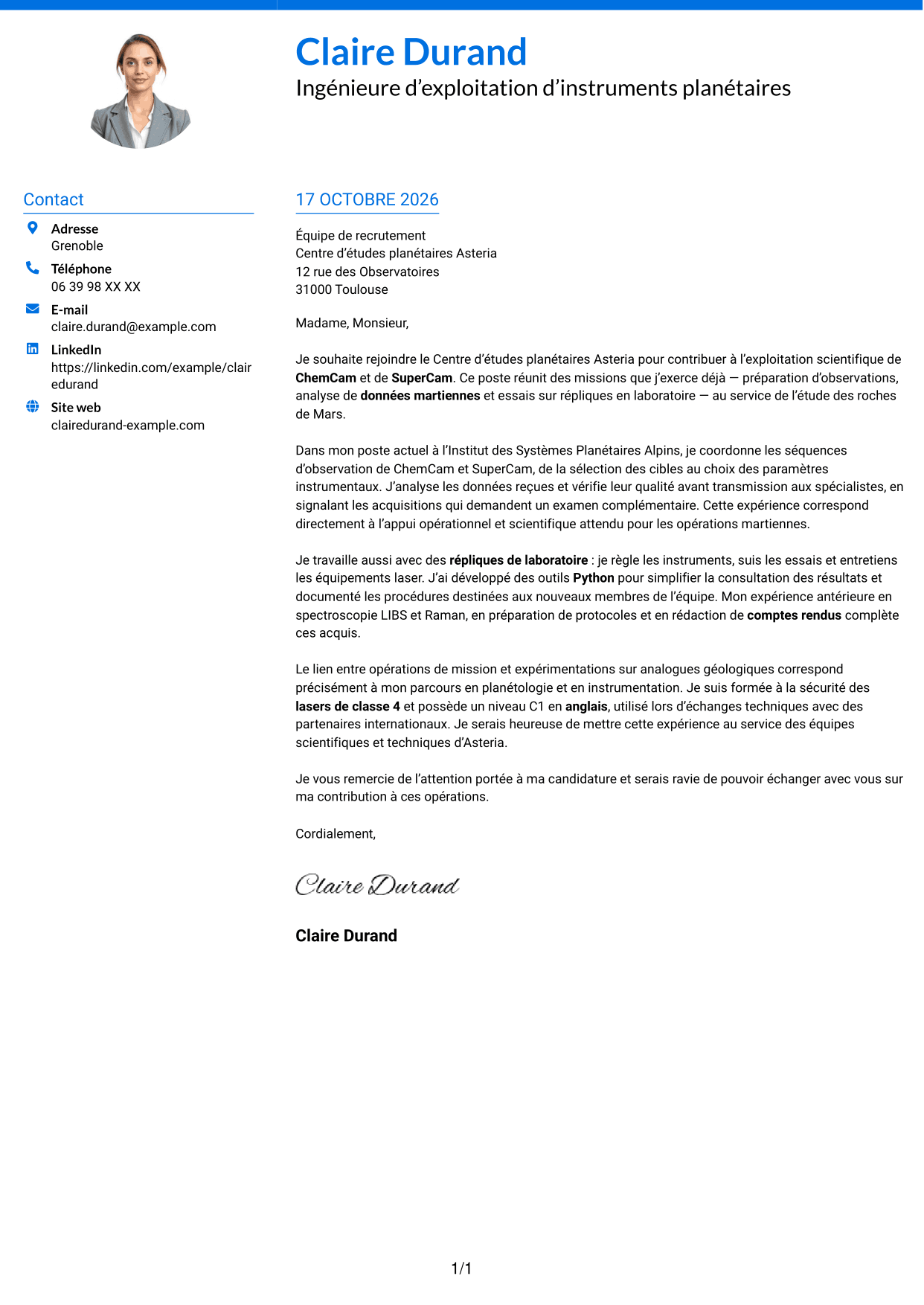 Lettre de motivation Audacieux (format à deux colonnes avec accents colorés et photo) : Ingénieur d’exploitation d’instrument - Opérations spectroscopiques martiennes, page 1
