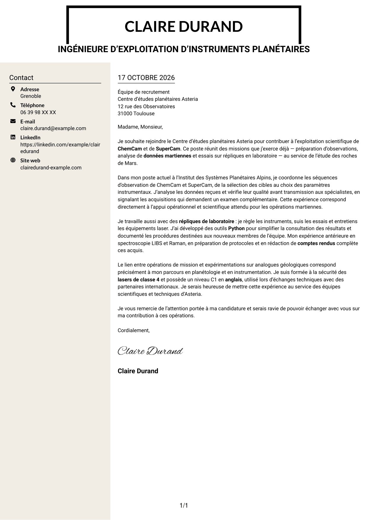 Lettre de motivation Fonceur (format à deux colonnes avec en-tête centré sans photo) : Ingénieur d’exploitation d’instrument - Opérations spectroscopiques martiennes, page 1