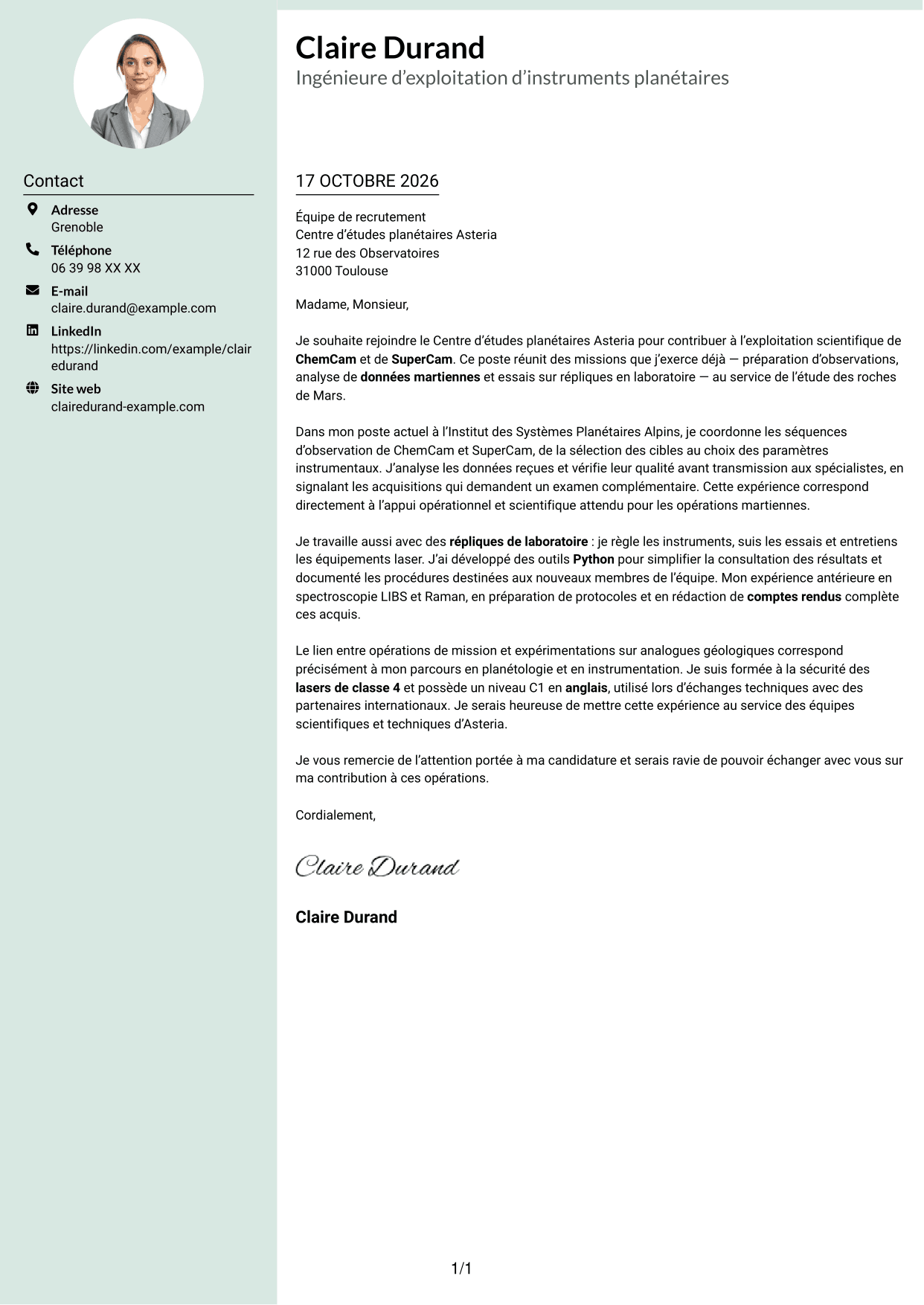 Lettre de motivation Cadre (format à colonne latérale douce avec photo arrondie) : Ingénieur d’exploitation d’instrument - Opérations spectroscopiques martiennes, page 1