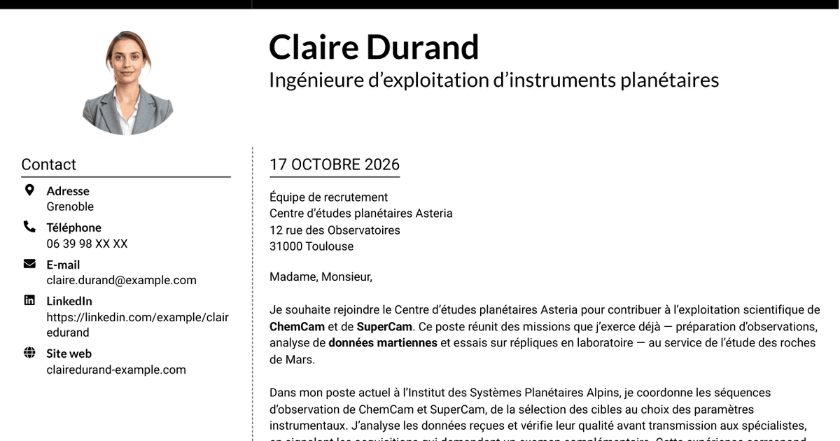 7 modèles de lettre de motivation pour Ingénieur d’exploitation d’instrument - Opérations spectroscopiques martiennes, avec exemples