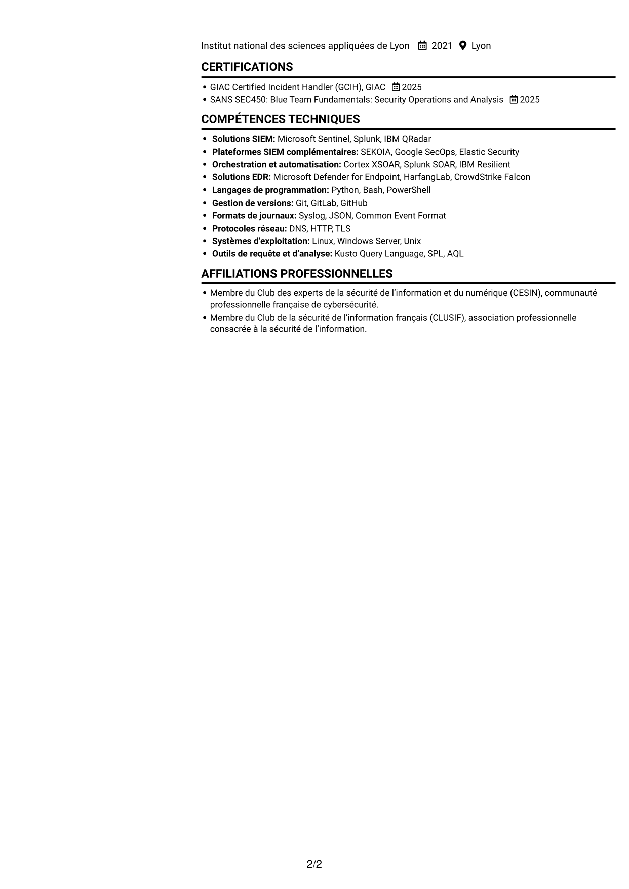 CV Compact (format sobre à deux colonnes avec photo) : Ingénieur détection junior - SIEM et réponse aux incidents, page 2