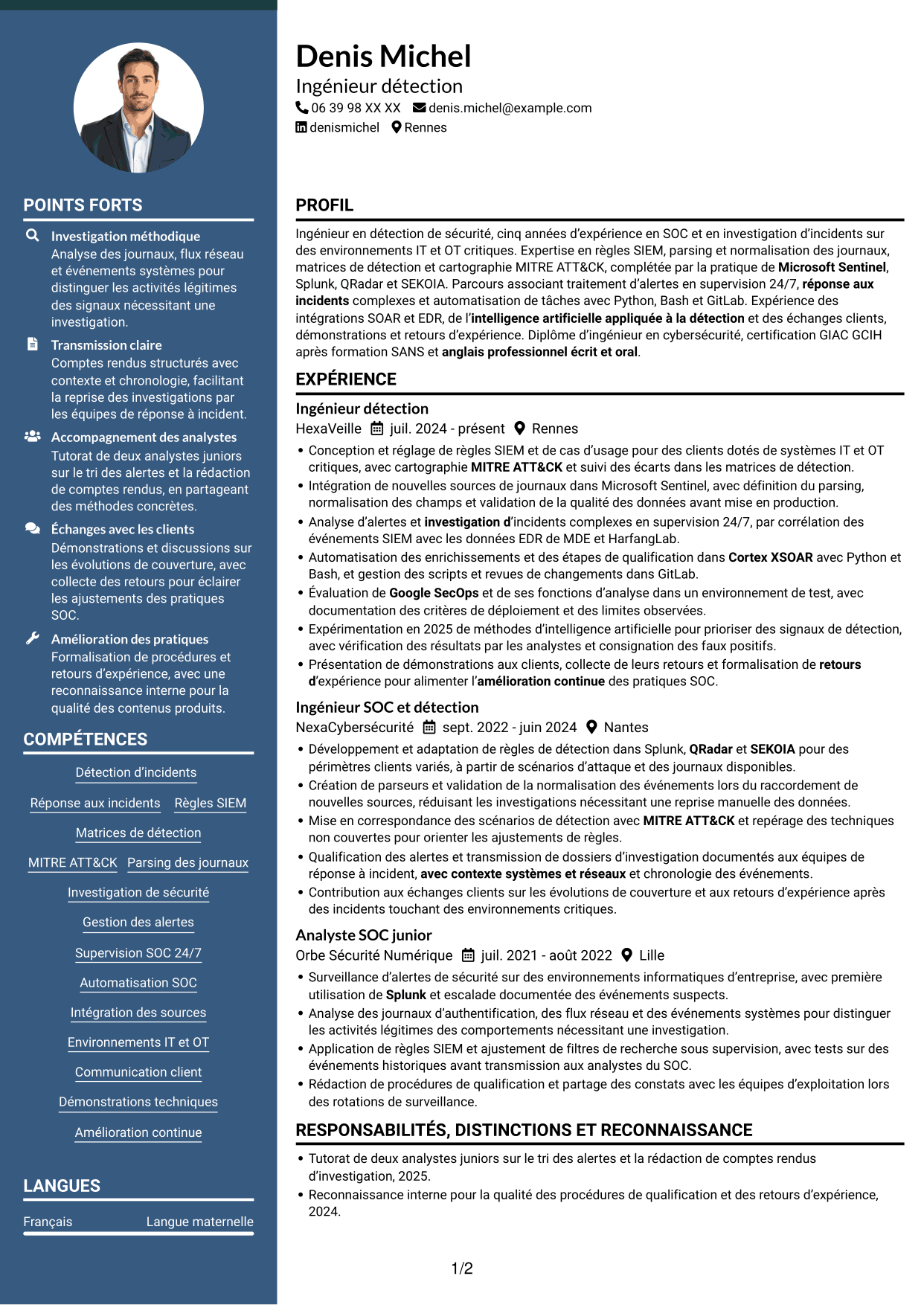CV Élégant (format à colonne latérale colorée avec photo) : Ingénieur détection junior - SIEM et réponse aux incidents, page 1