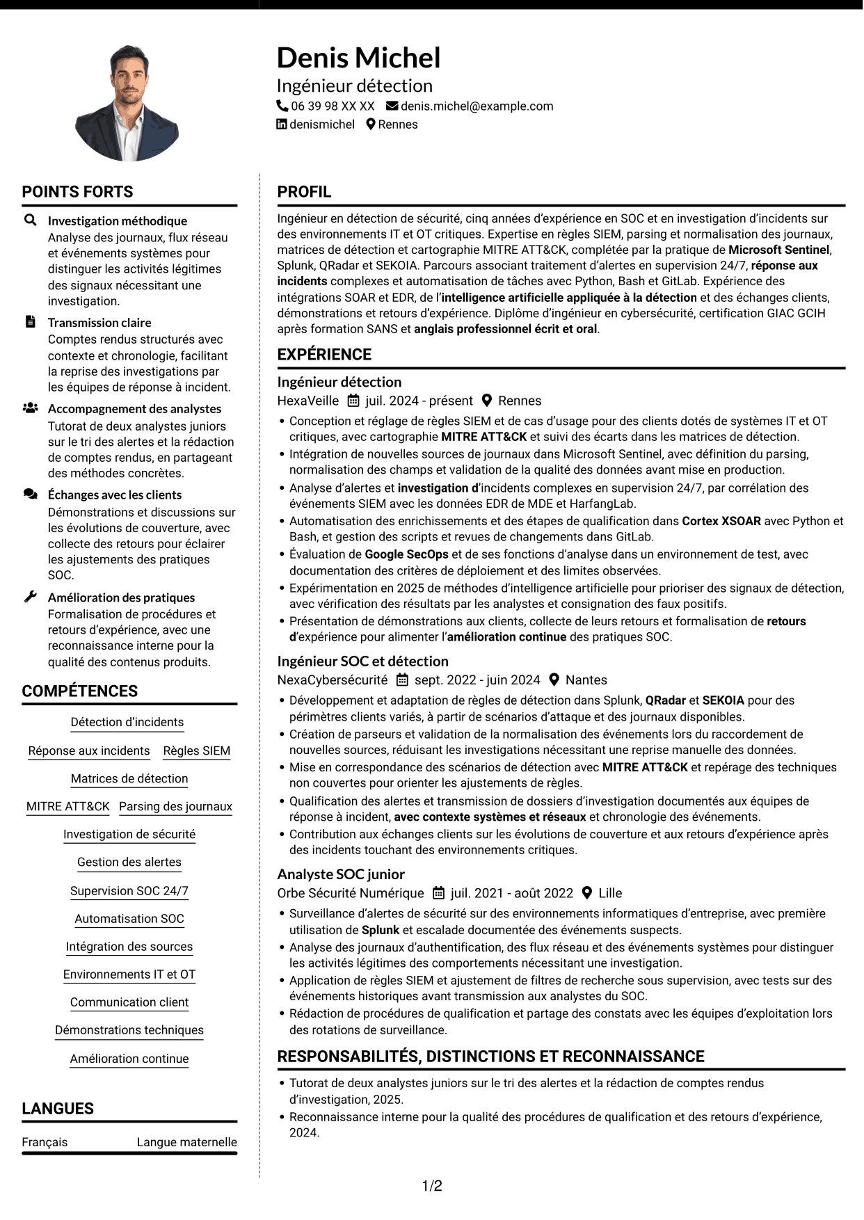CV Moderne (format à deux colonnes avec photo à gauche et séparateur) : Ingénieur détection junior - SIEM et réponse aux incidents, page 1