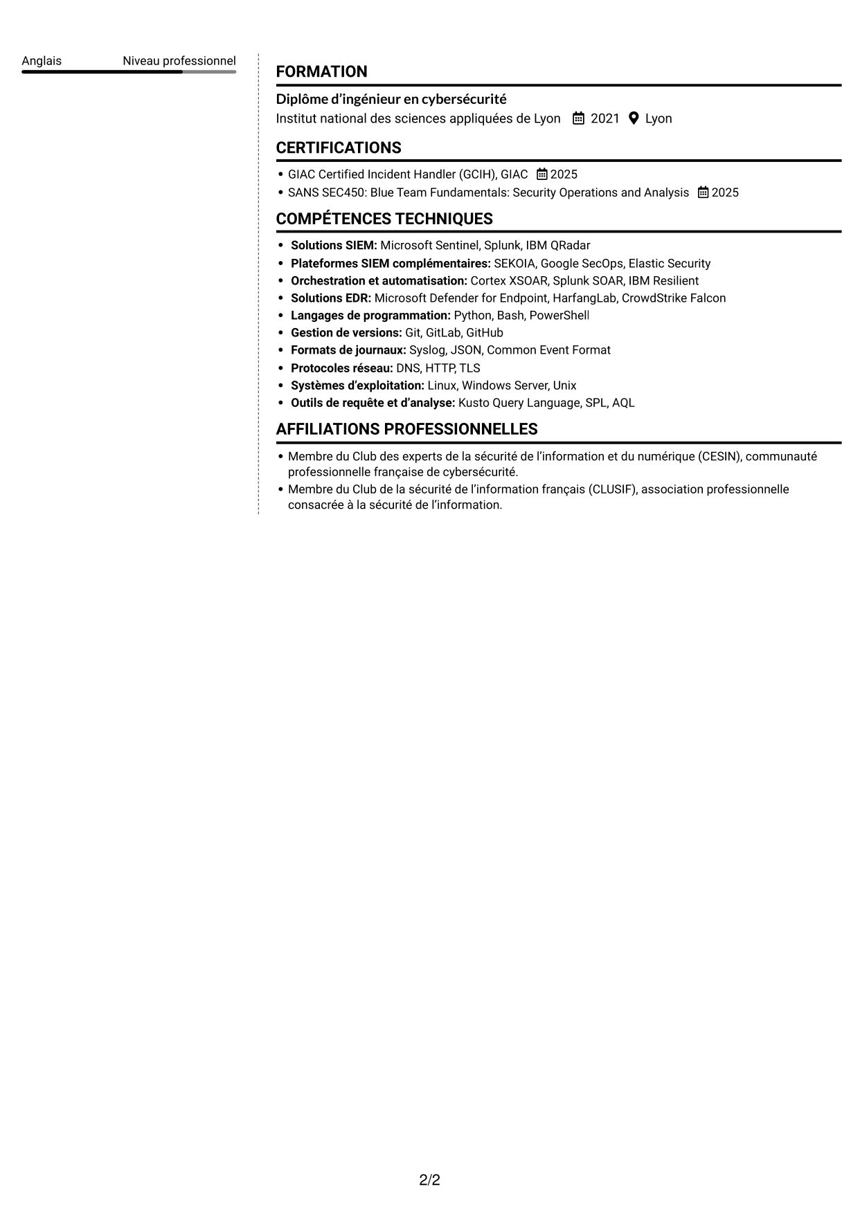 CV Moderne (format à deux colonnes avec photo à gauche et séparateur) : Ingénieur détection junior - SIEM et réponse aux incidents, page 2