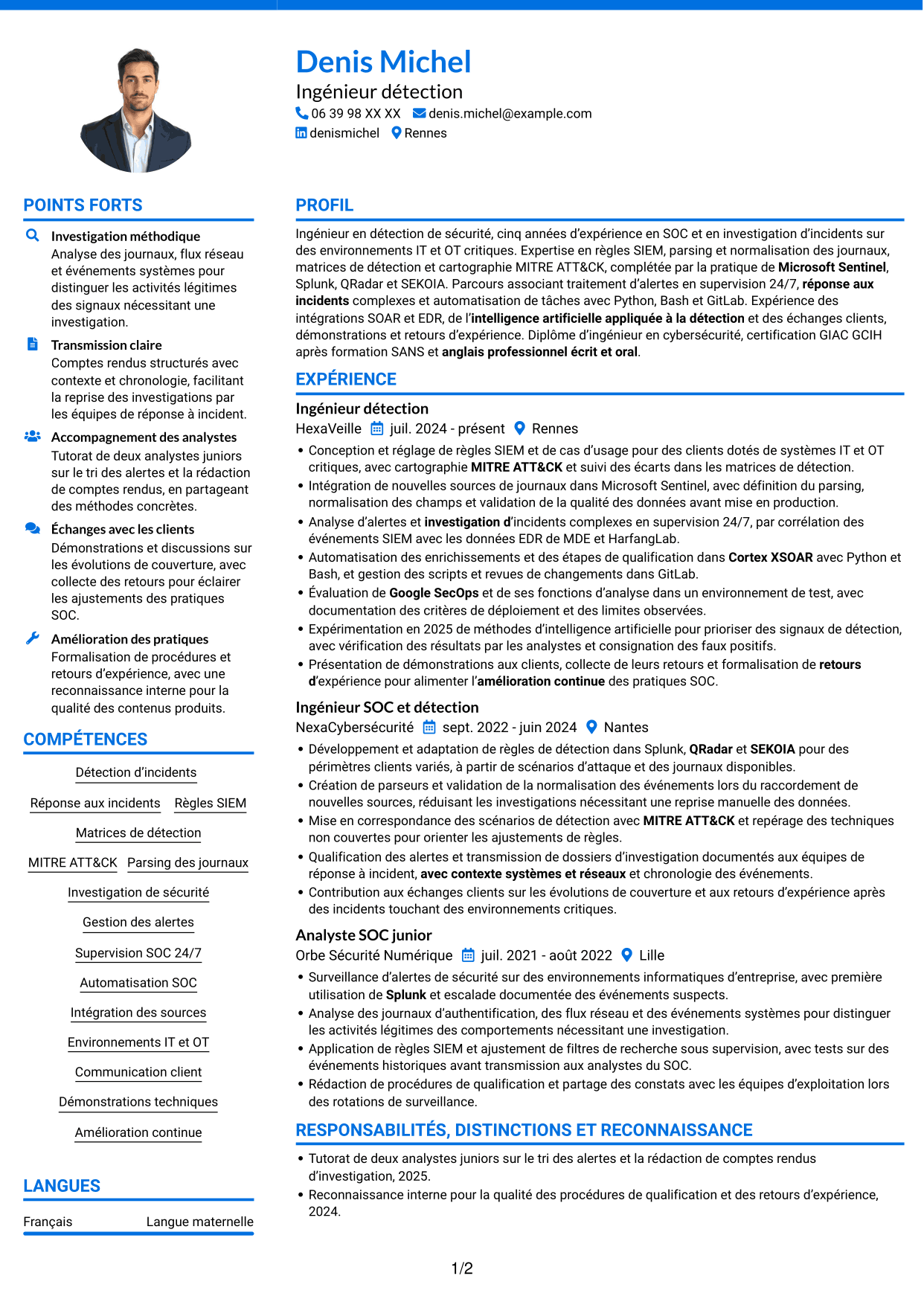 CV Audacieux (format à deux colonnes avec accents colorés et photo) : Ingénieur détection junior - SIEM et réponse aux incidents, page 1