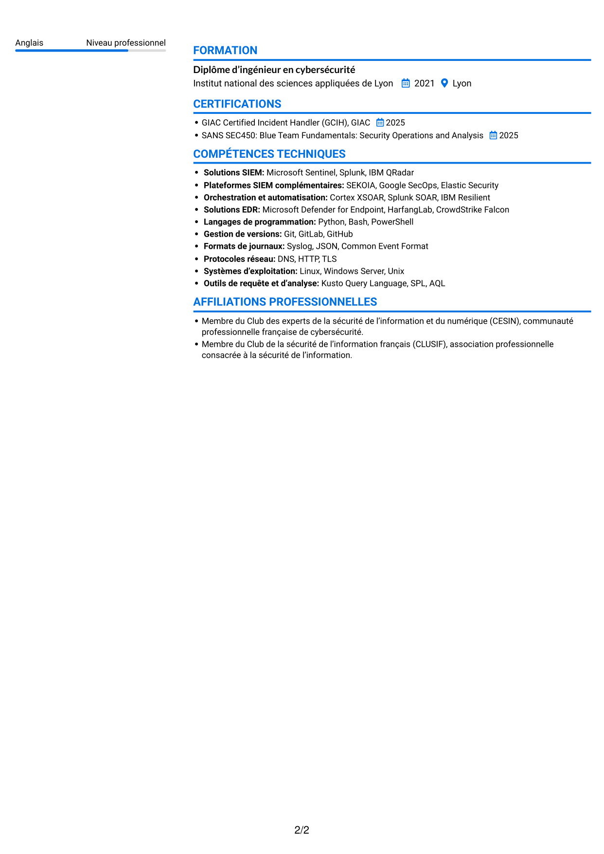 CV Audacieux (format à deux colonnes avec accents colorés et photo) : Ingénieur détection junior - SIEM et réponse aux incidents, page 2