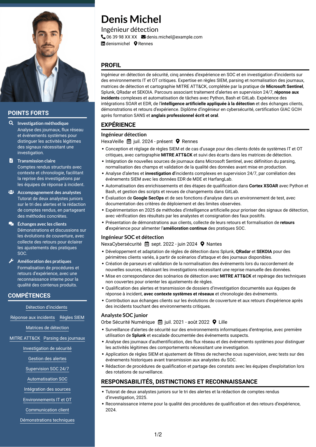 CV Signature (format à colonne latérale colorée avec grande photo) : Ingénieur détection junior - SIEM et réponse aux incidents, page 1