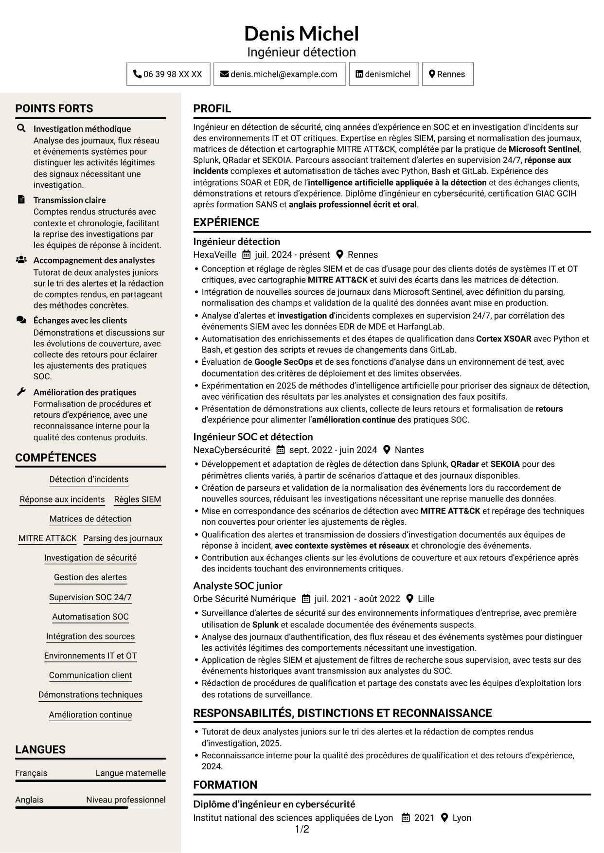CV Fonceur (format à deux colonnes avec en-tête centré sans photo) : Ingénieur détection junior - SIEM et réponse aux incidents, page 1