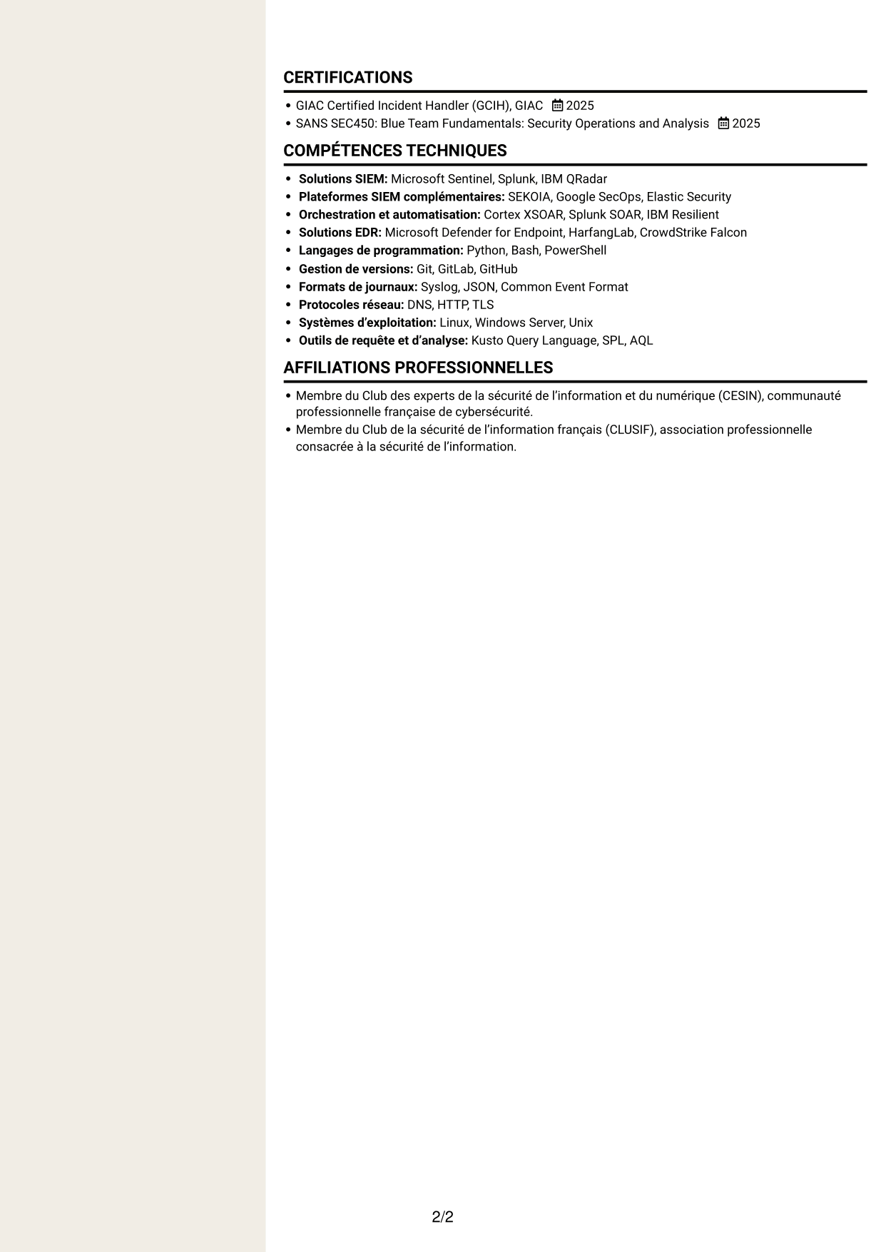 CV Fonceur (format à deux colonnes avec en-tête centré sans photo) : Ingénieur détection junior - SIEM et réponse aux incidents, page 2