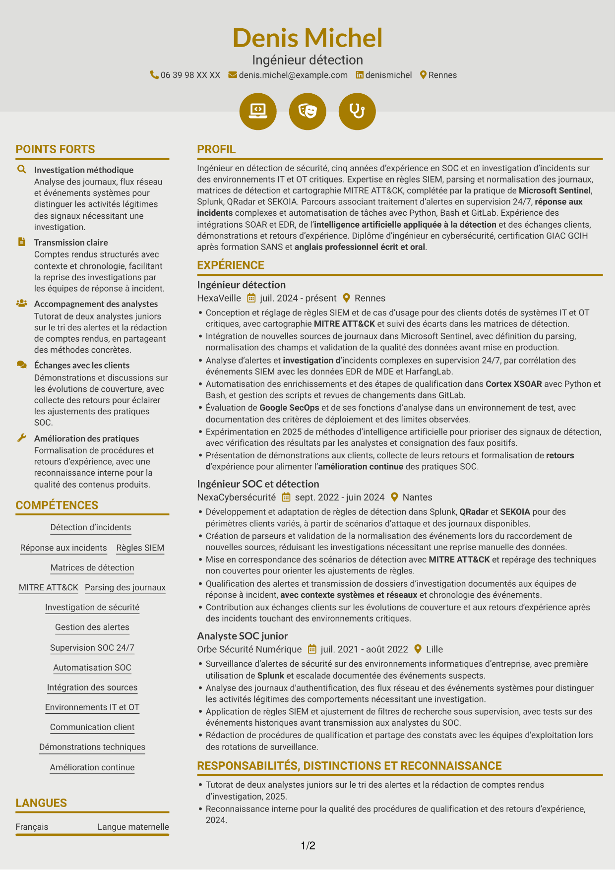 CV Dynamique (format à deux colonnes avec icônes) : Ingénieur détection junior - SIEM et réponse aux incidents, page 1