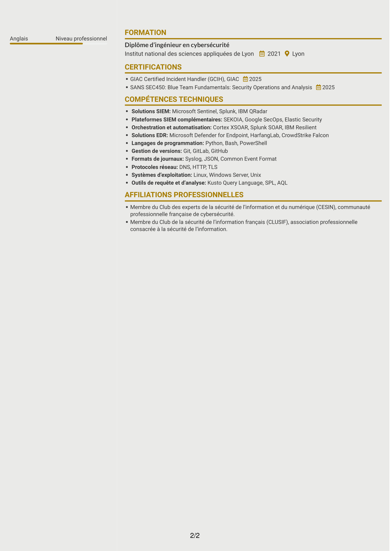 CV Dynamique (format à deux colonnes avec icônes) : Ingénieur détection junior - SIEM et réponse aux incidents, page 2
