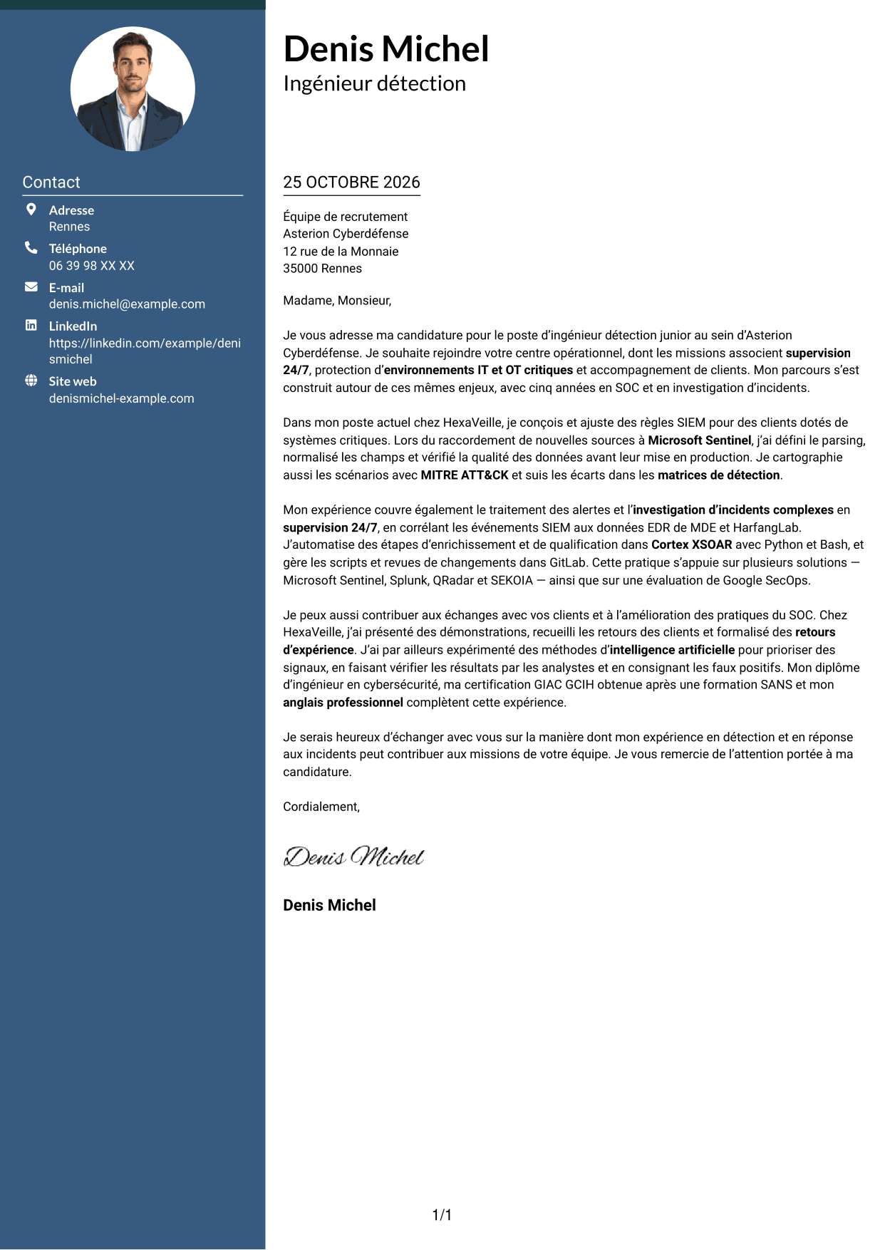 Lettre de motivation Élégant (format à colonne latérale colorée avec photo) : Ingénieur détection junior - SIEM et réponse aux incidents, page 1