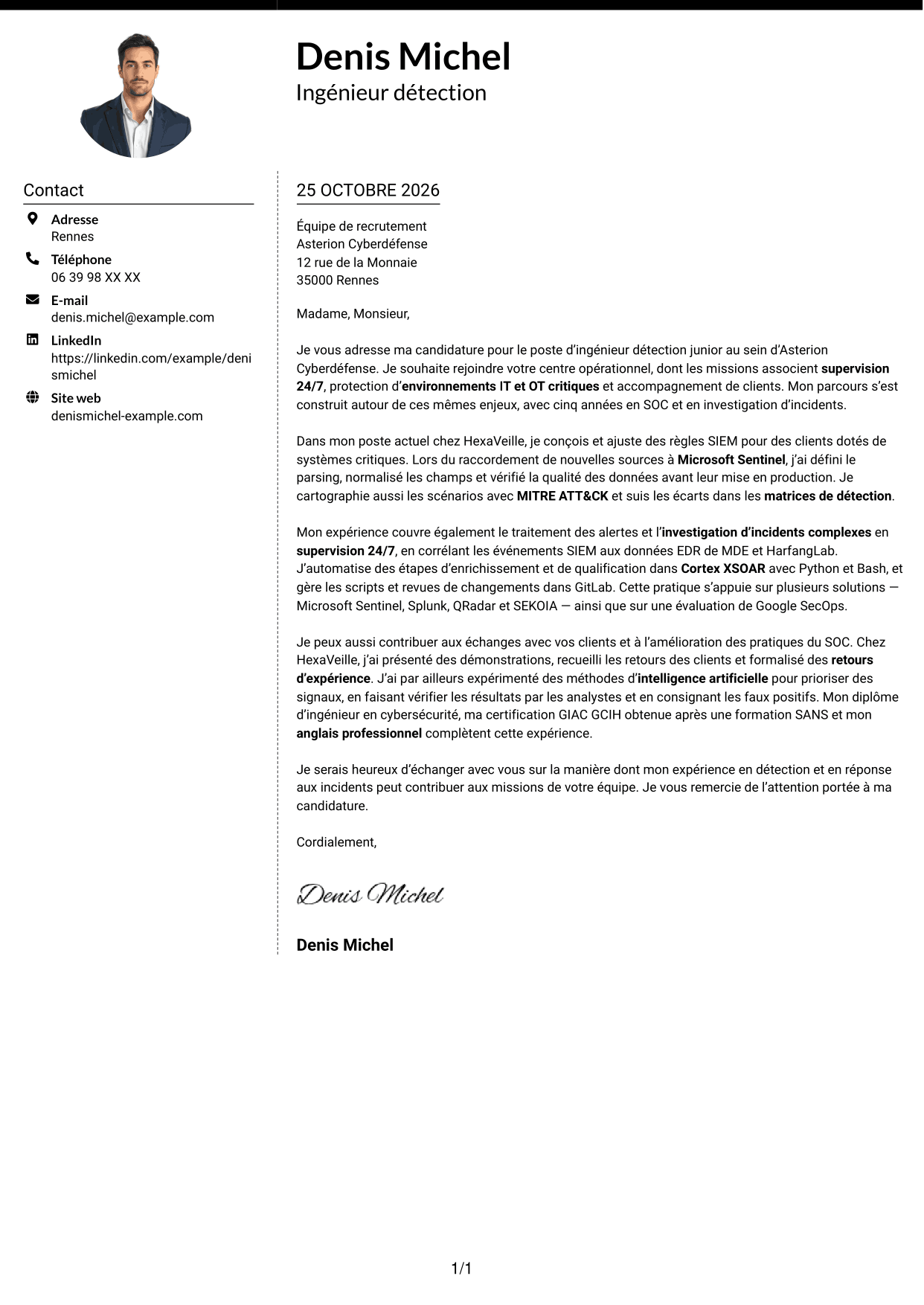Lettre de motivation Moderne (format à deux colonnes avec photo à gauche et séparateur) : Ingénieur détection junior - SIEM et réponse aux incidents, page 1
