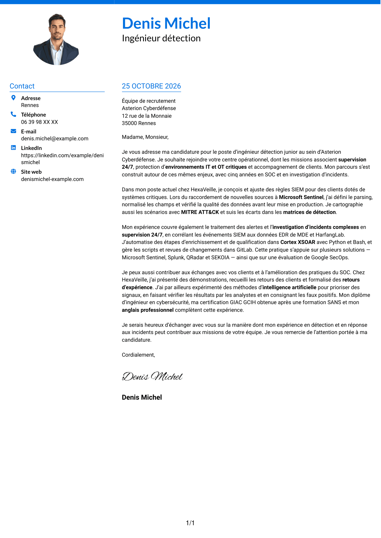 Lettre de motivation Audacieux (format à deux colonnes avec accents colorés et photo) : Ingénieur détection junior - SIEM et réponse aux incidents, page 1