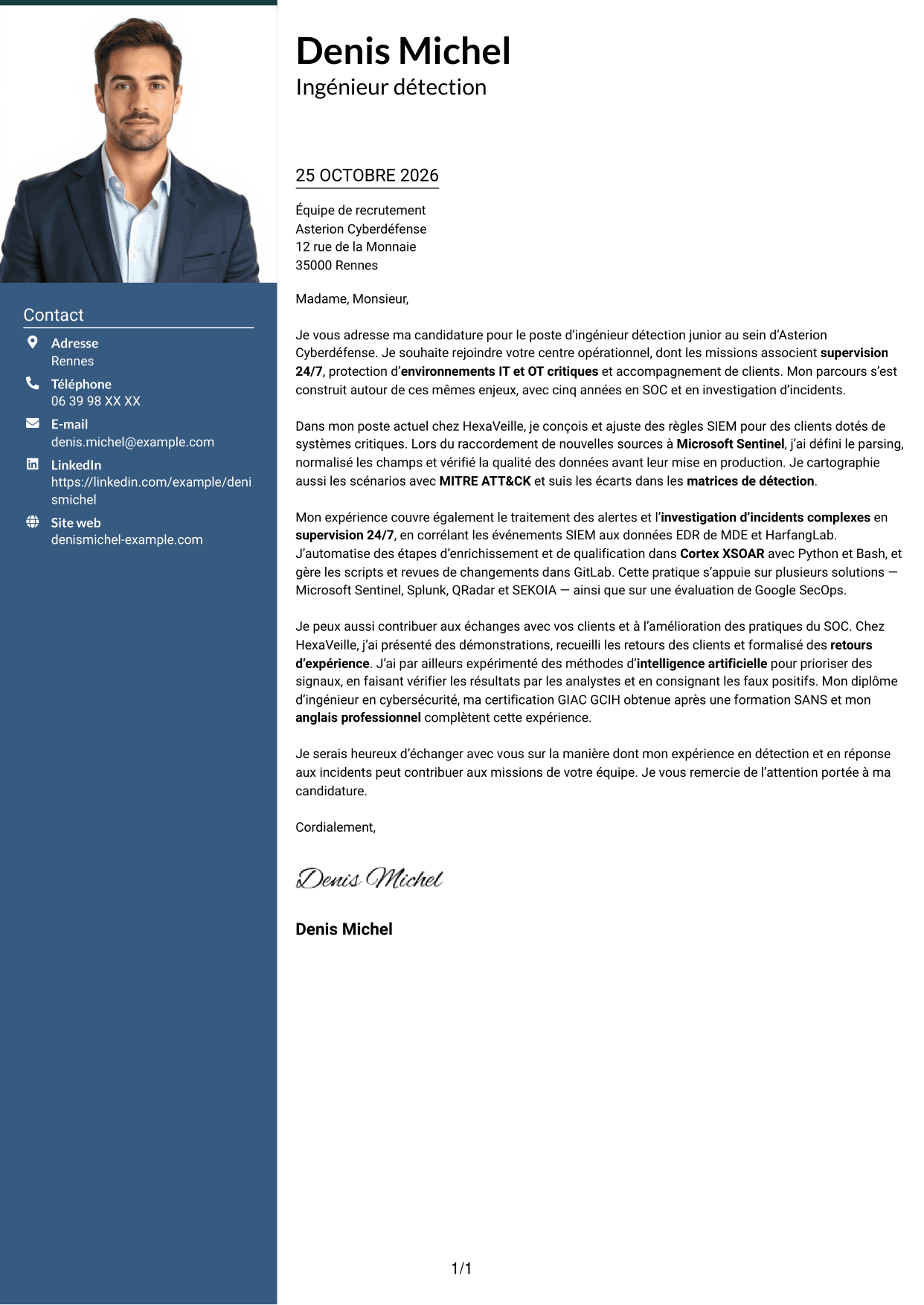 Lettre de motivation Signature (format à colonne latérale colorée avec grande photo) : Ingénieur détection junior - SIEM et réponse aux incidents, page 1