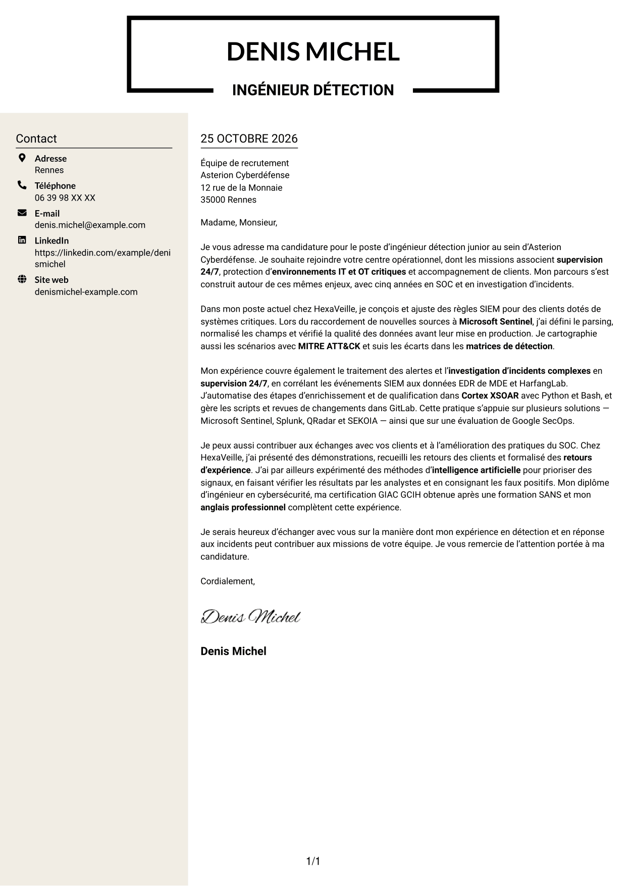 Lettre de motivation Fonceur (format à deux colonnes avec en-tête centré sans photo) : Ingénieur détection junior - SIEM et réponse aux incidents, page 1