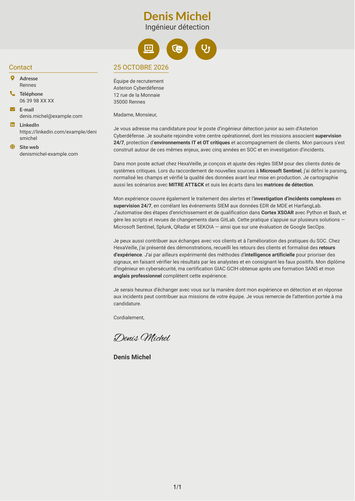 Lettre de motivation Dynamique (format à deux colonnes avec icônes) : Ingénieur détection junior - SIEM et réponse aux incidents, page 1