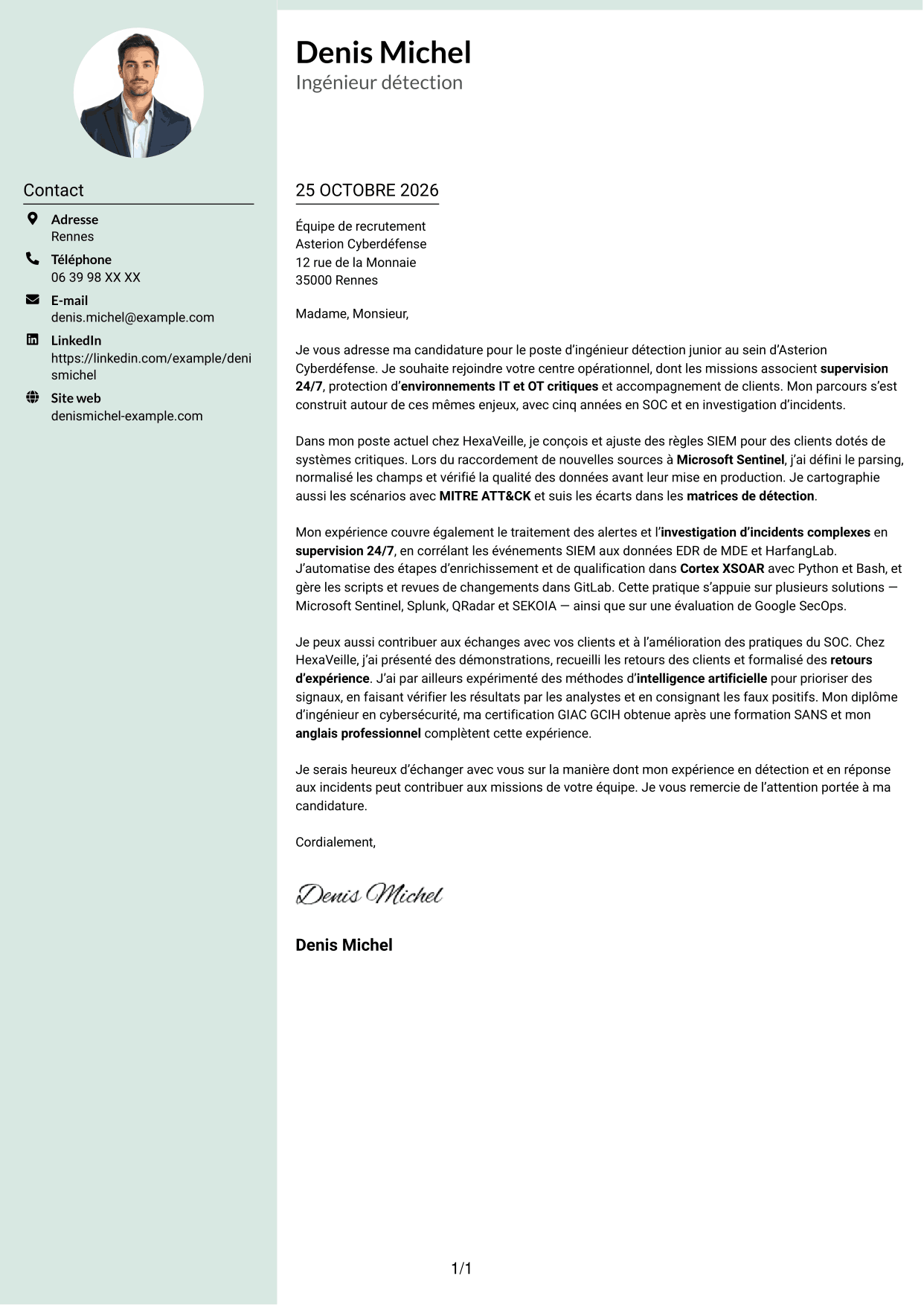 Lettre de motivation Cadre (format à colonne latérale douce avec photo arrondie) : Ingénieur détection junior - SIEM et réponse aux incidents, page 1