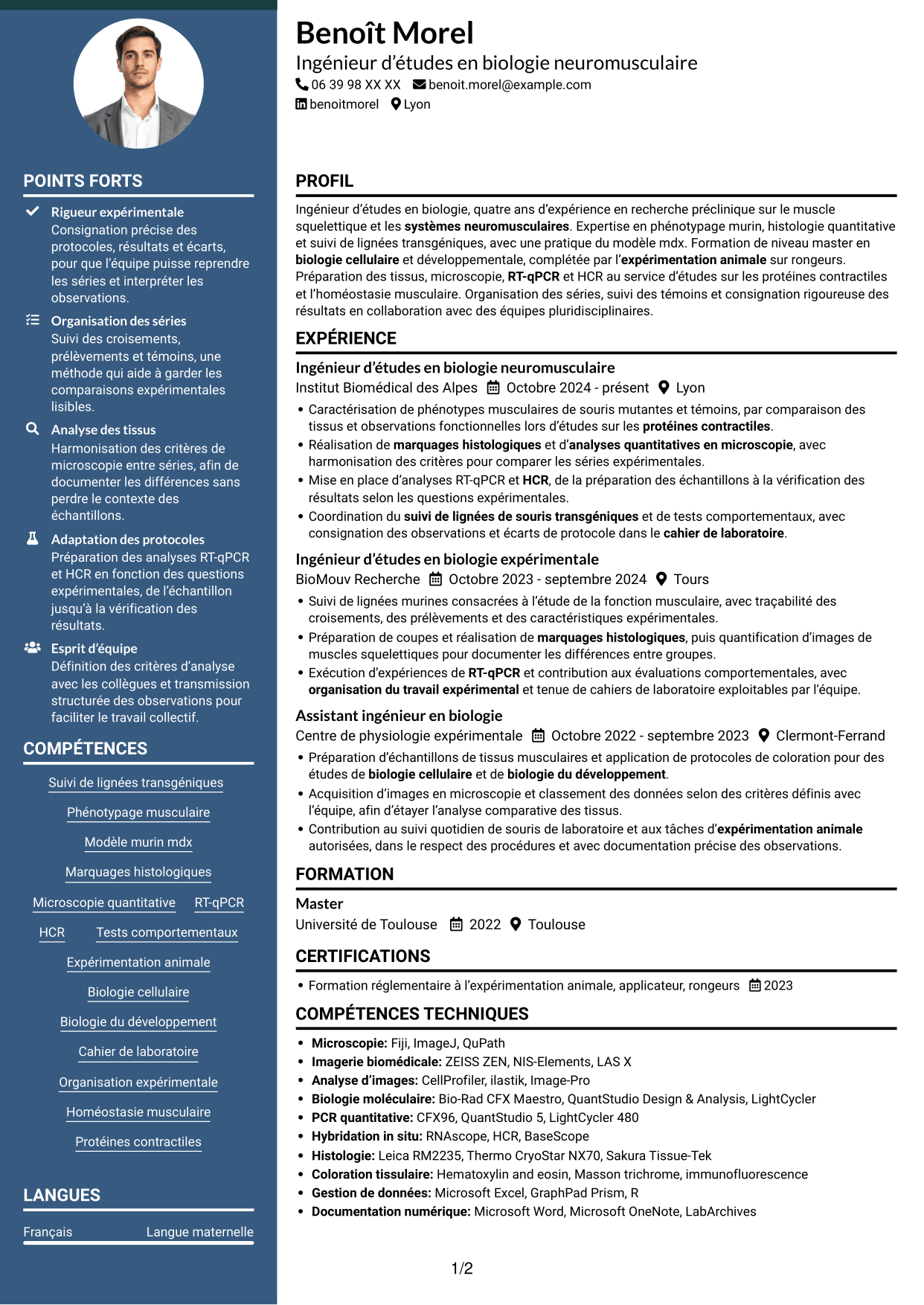 CV Élégant (format à colonne latérale colorée avec photo) : Ingénieur d’études en biologie - Biologie neuromusculaire, page 1