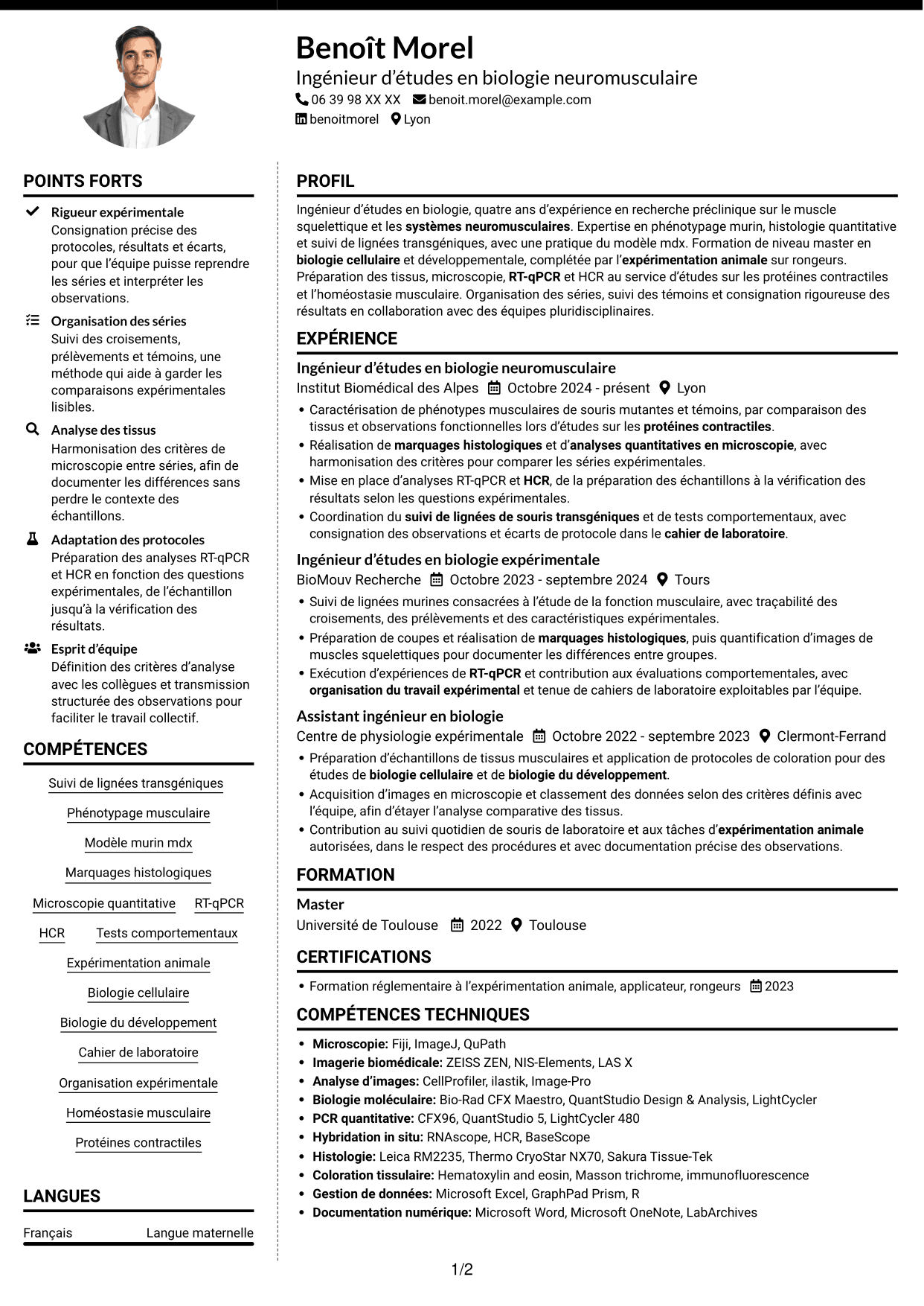 CV Moderne (format à deux colonnes avec photo à gauche et séparateur) : Ingénieur d’études en biologie - Biologie neuromusculaire, page 1